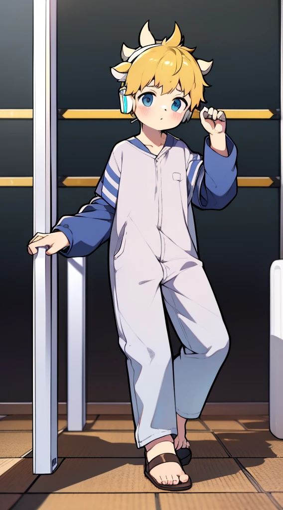 Two-dimensional boy Shota，one piece pajamas，Slim, Healthy body，Wear the headphones on your head，The stands up，protective goggles，cow horn，Cow ears，leg loops