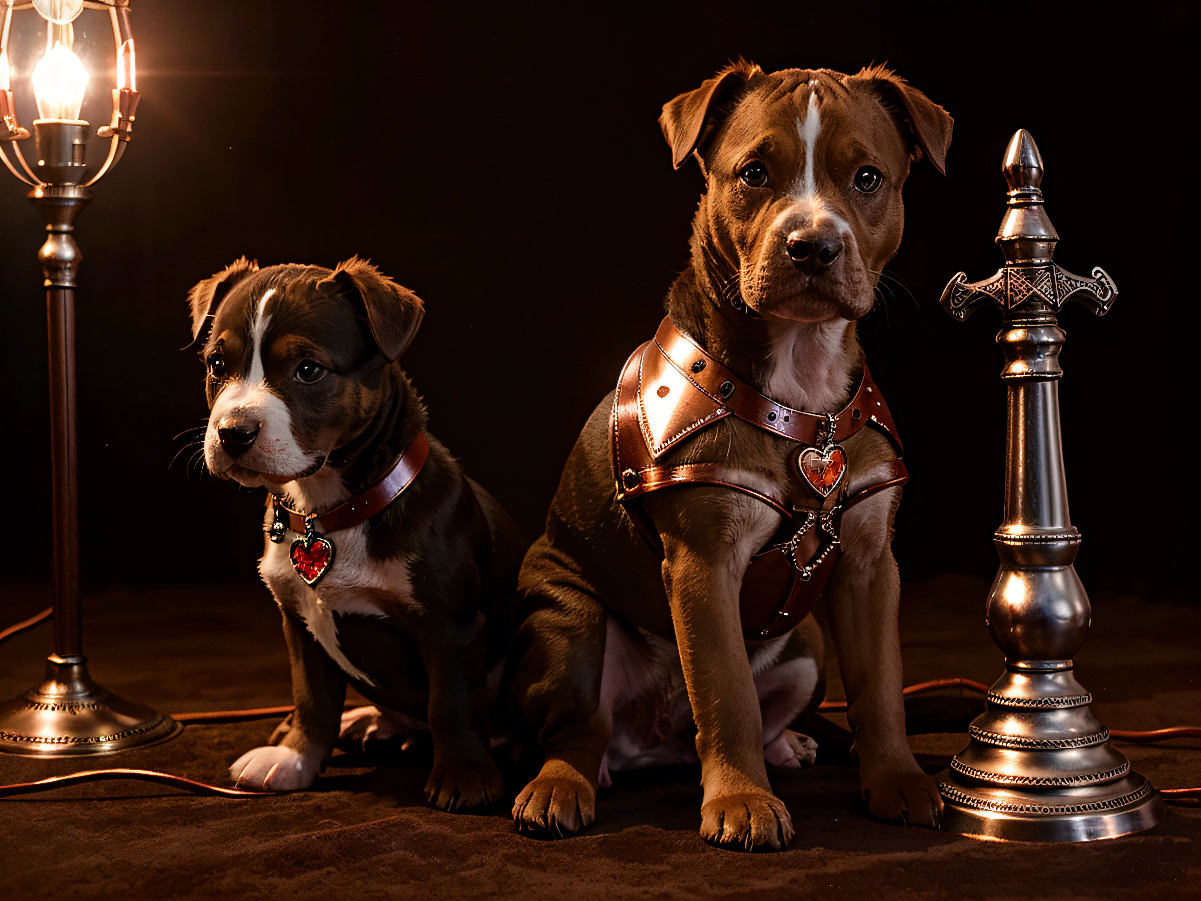 cute brown & Cachorro Pitbull blanco, Castillo oscuro, magica, Gemas, silver lamp, red glass heart, espada de cobre en vaina, DarkFantasy