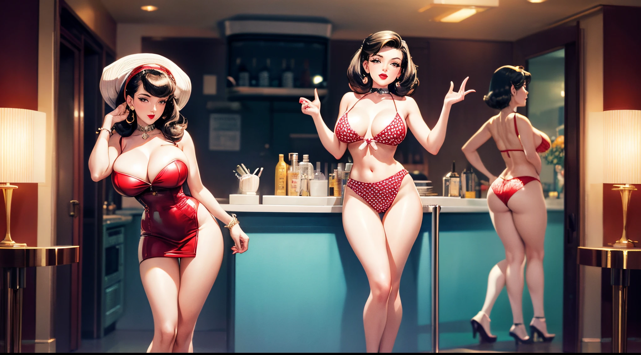 Generate a high-resolution image featuring a glamorous pin-up girl in a retro style. The girl should exude confidence and sensuality while posing in a vintage fashion reminiscent of the 1950s. Incorporate classic elements such as red lipstick, a polka-dot bikini, and wavy, voluminous hair. Scene waiting on tables in a 1950s diner. Ensure the lighting enhances the overall aesthetic, giving the image a warm, nostalgic feel. Capture the essence of classic pin-up art with a modern twist, combining allure and timeless elegance. (full body:1.5), enormous tits, in the style of Bettie Paige