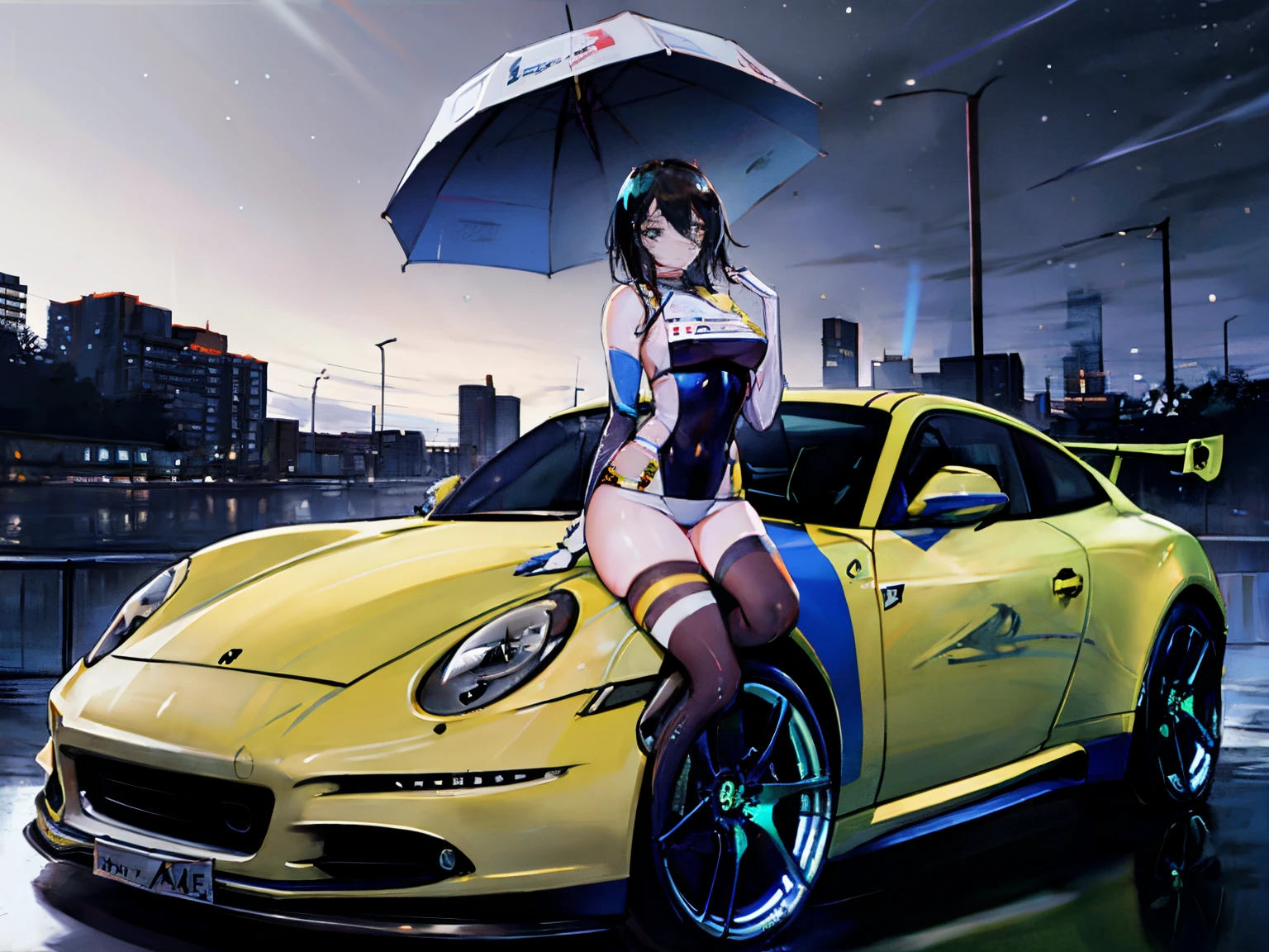 Unreal Engine 5 Realistic Rendering, Race QueenUniform, Exquisite beauty, Beautiful face, Body shape of slim model, Colossal tits, shiny, wet shiny body, black hair, blue eyes, racing car, leaning on porsche 911, night time