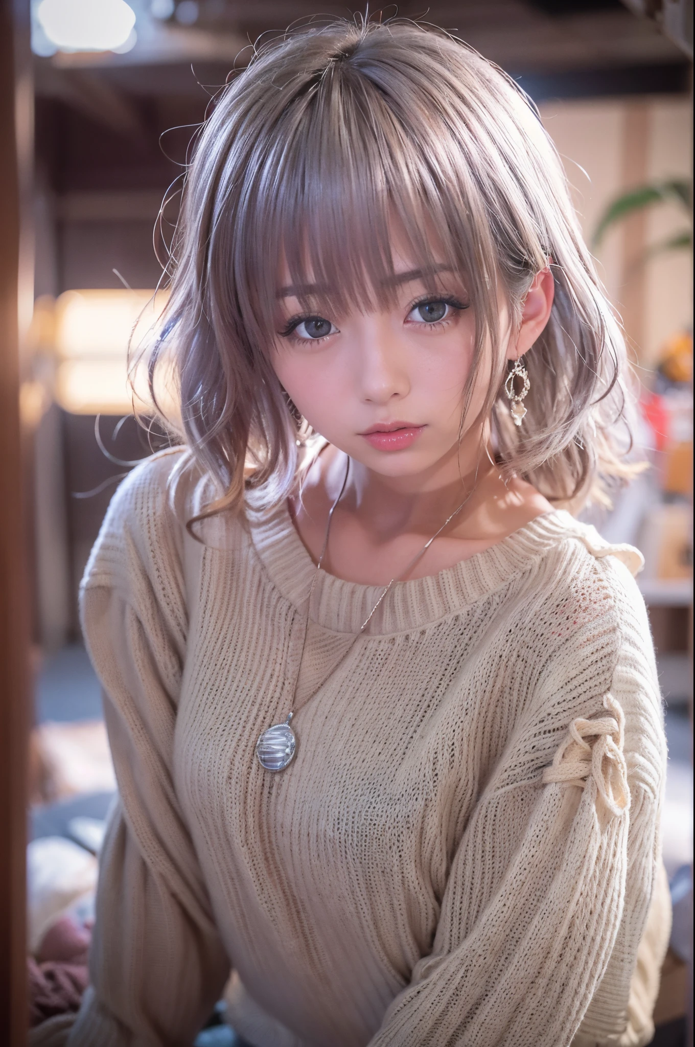 Japan 18 year old girl, dark, indoors, old wooden Japanese-style room, ((white knit sweater dress:1.3)), upper body portrait, one girl, ((very beautiful portrait)), (glowing skin)), RAW photography, (masterpiece, best quality, hyper detail, cinema lighting, intricate detail, high resolution, 8K, very detailed), detailed background, 8K UHD, DSLR, Soft lighting, High quality, Film grain, Fujifilm XT3, Shallow depth of field, Spotlight, (Spread your legs wide:1.5), POV, mouth open, Masturbation, Panties, Mastoid, big breasts look at the viewer, Sexy Pose, short hair、Silver hair、Bangs pink silver hair,Dark skin、Brown skin、strongly tanned skin、Gal style necklace、Gal style bracelet、Gal Style Accessories