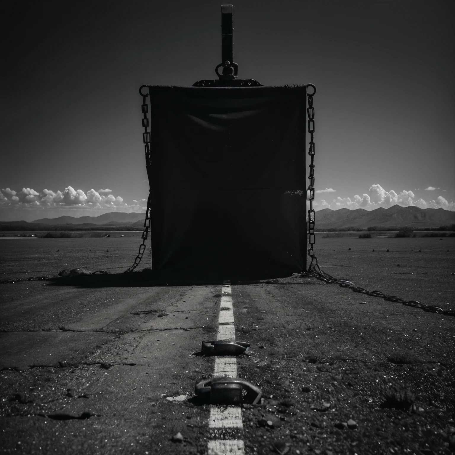 The desaturated gray represents the absence of vibrancy and life, reflecting a bleak and joyless existence. The broken chain symbolizes lost freedom and the oppressive regime, while the ominous black silhouette signifies the constant shadow of authority. This is a flag