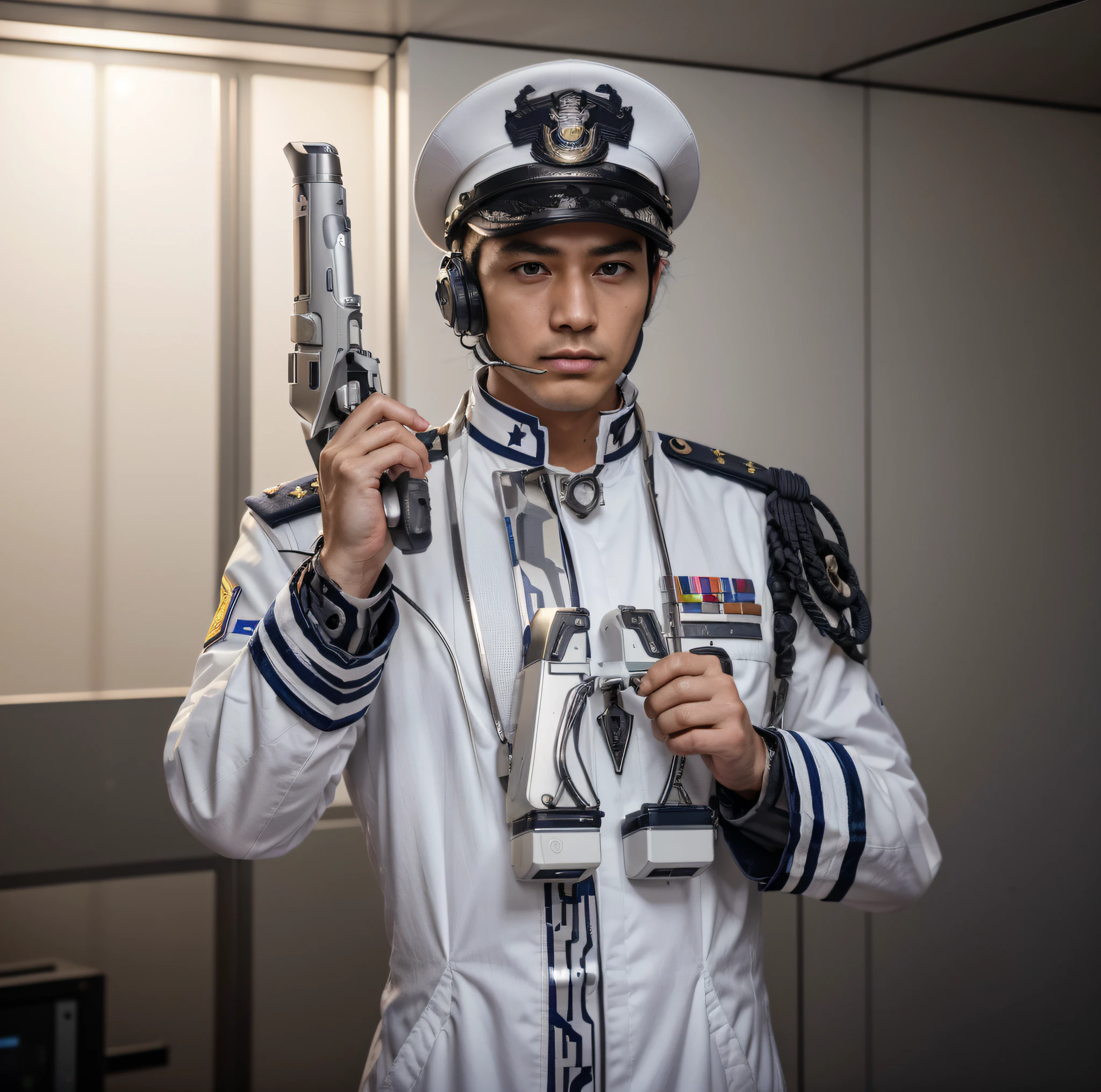 Oficial naval, Cara japonesa, adulto, serious expression, pelo muy corto, sombrero militar de oficial, uniforme militar formal, color blanco con muchas medallas, with one hand he holds a laser gun, con el otro sostiene unos binoculares futuristas, he is in the cabin of an ultra-modern military ship, pantallas de ordenador, metal walls, 4k, Imagen ultra detallada, realista, Altamente detallado, perfect composition, splendid, Intrincadamente detallado, Incredibly detailed, 8 k artistic photography, hiper detallado, Obra maestra, Ultra detallado, hiperrealista, 4k, Imagen ultra detallada, realista, Altamente detallado, perfect composition, splendid, Intrincadamente detallado, Incredibly detailed, 8 k artistic photography, hiper detallado, Obra maestra