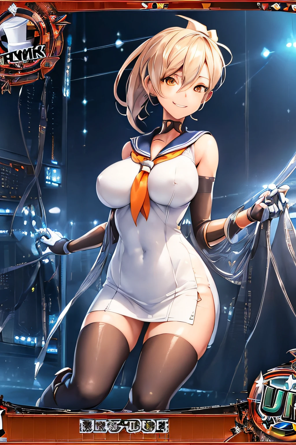 (Trading Card Game Frames:1.7),Cybernetic arm and glowing cyber girl,(Women's Uniforms,a sailor suit,White skirt,)Stand on a post-apocalyptic battlefield cityscape.Surrounded by a network of wires. Surrounded by a web of circuits. (Cyber Girl with Orange Glowing Sword:1.3), Shiny Silver Shorthair,disheveled ponytail,Cute smile,Perfect round face,Black eyes,A cheerful smile that makes the viewer happy,Proper body proportion,Intricate details,Very delicate and beautiful hair,photos realistic,Dreamy,Professional Lighting,realistic shadow,Solo Focus,Beautiful hands,Beautiful fingers,Detailed finger features,detailed clothes features,Detailed hair features,detailed facial features,top-quality,Ultra-high resolution output image,) ,(The 8k quality,),(Image Mode Ultra HD,),(Image Mode Ultra HD,),Science fiction fantasy