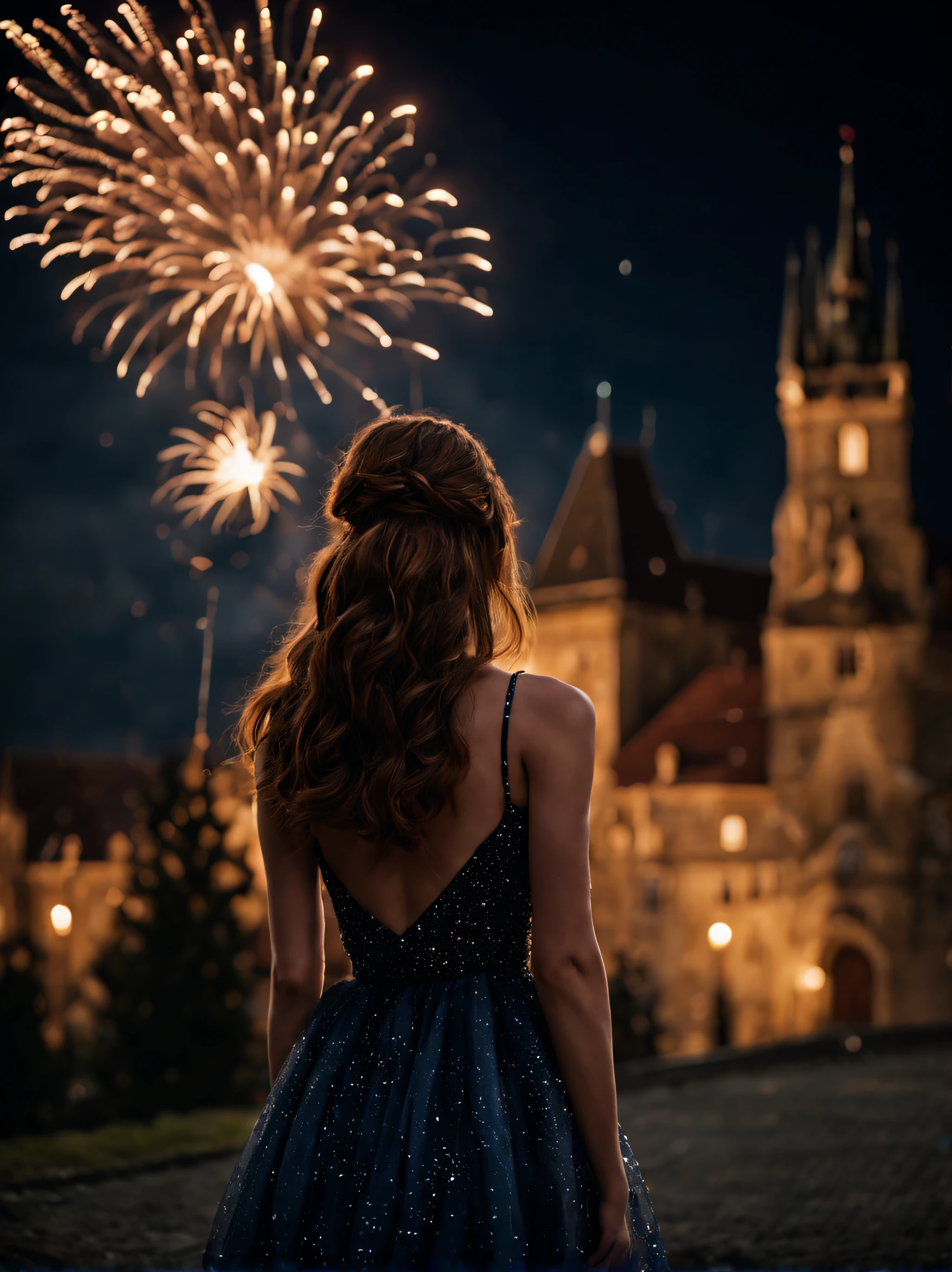 1girl, 20 years old, a beautiful girl (looking at the night sky: 1.4), wearing an elegant dress, firework, a flame embroidered in the night sky, windy, (full body: 1.5), back to camera, prague, castle seen in the background, movie scene, cinematic light, low light, (very dark scene), (anamorphic lens bokeh: 1.4), composition from below