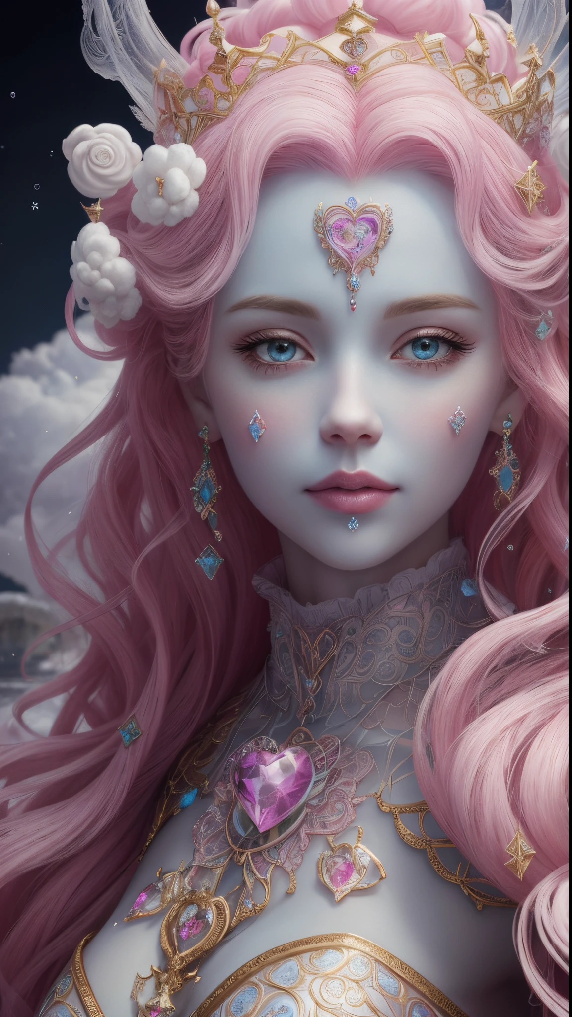 Cotton Candy Queen Women Goddess 8k Resolution Rendered Hyper Realistic Intricate Detail lives in an frosty heart shaped ice bubble, a fanciful place filled with castles, cotton candy, swans lakes and fluffy clouds, An intricate visual representation of computer programing, rendered in 24k resolution with intricate details and symbols.