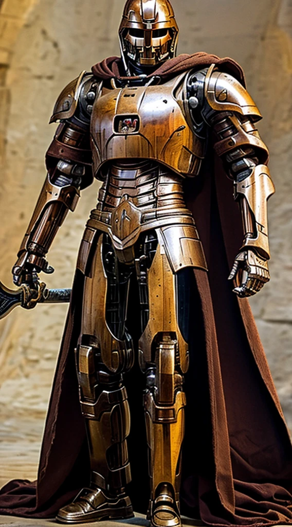 warforged male, holding great sword, wearing a worn out brown cloak,