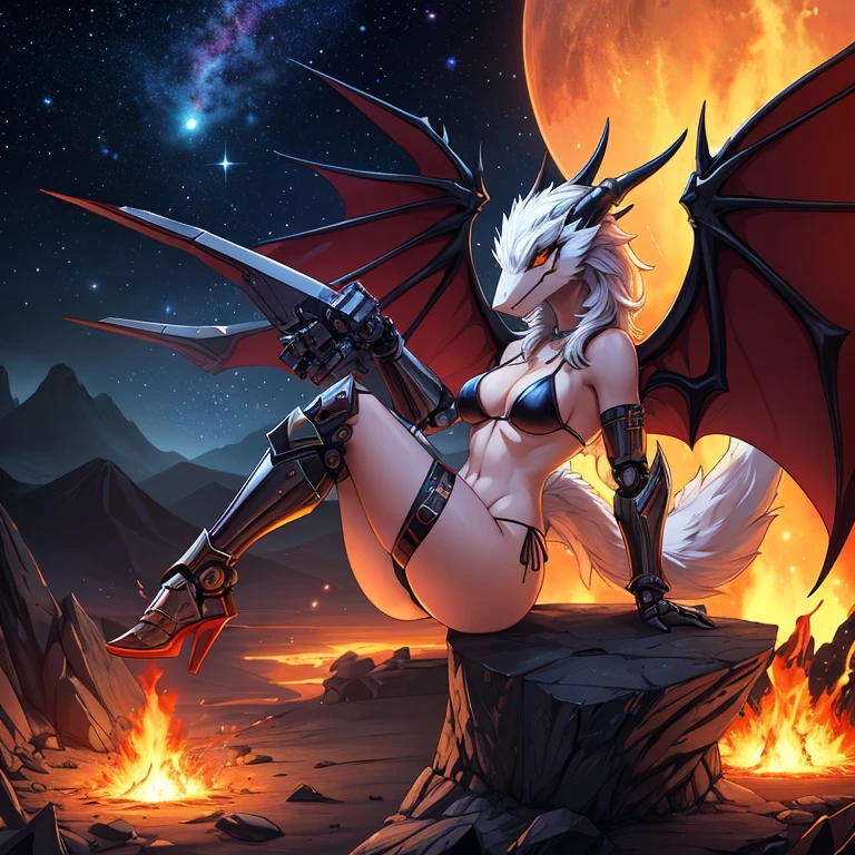 solo, female, furry, anthro, sergal, android, metallic, robotic, shiny, demonic features, fantasy scifi mix, sexy thong bikini leather armor , wings spread, legs spread, flying,  small horns, succubus, active volcano, burning, at night, stars, galaxies, science fiction, fantasy, high quality, master piece,