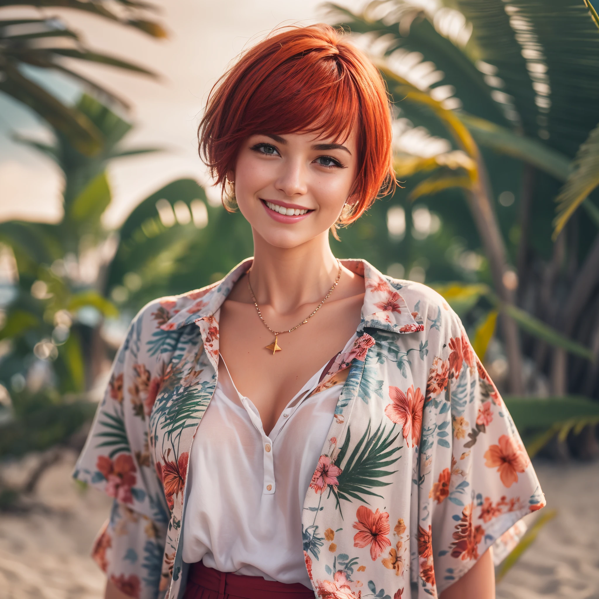 (Best quality, 8k, 32k, Masterpiece, UHD:1.2),Photo of Pretty woman, very short bob hair,upper body,face focus,oversized_shirt, necklace, background, from above, looking at viewer, dyed red hair, tropical beach, smile, jacket, tunic, sfw
