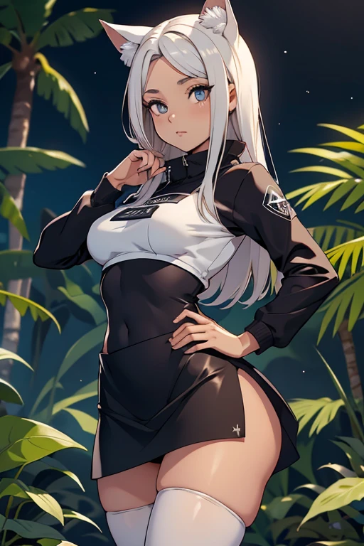 uniforme escolar, uniforme escolar japones foto de corpo inteiro, todo o corpo , cat ears on the head of a beautiful young woman wearing a short skirt, usando meias preta longas apertado ,corpo inteiro na foto,floresta a noite varias luzes,belas coxas, coxas lindas belhos olhos escuros detalhados, sueter branco apertado,maio apertado , tight pantyhose, mini saia , ceu limpo a noite com estrelas numa floresta a noite,short curto linda jovem, olhos sedutores feminino.CABELO CURTO PRETO((CABELOS CURTO PRETO)) jaqueta preta, usando jaqueta de couro apertado