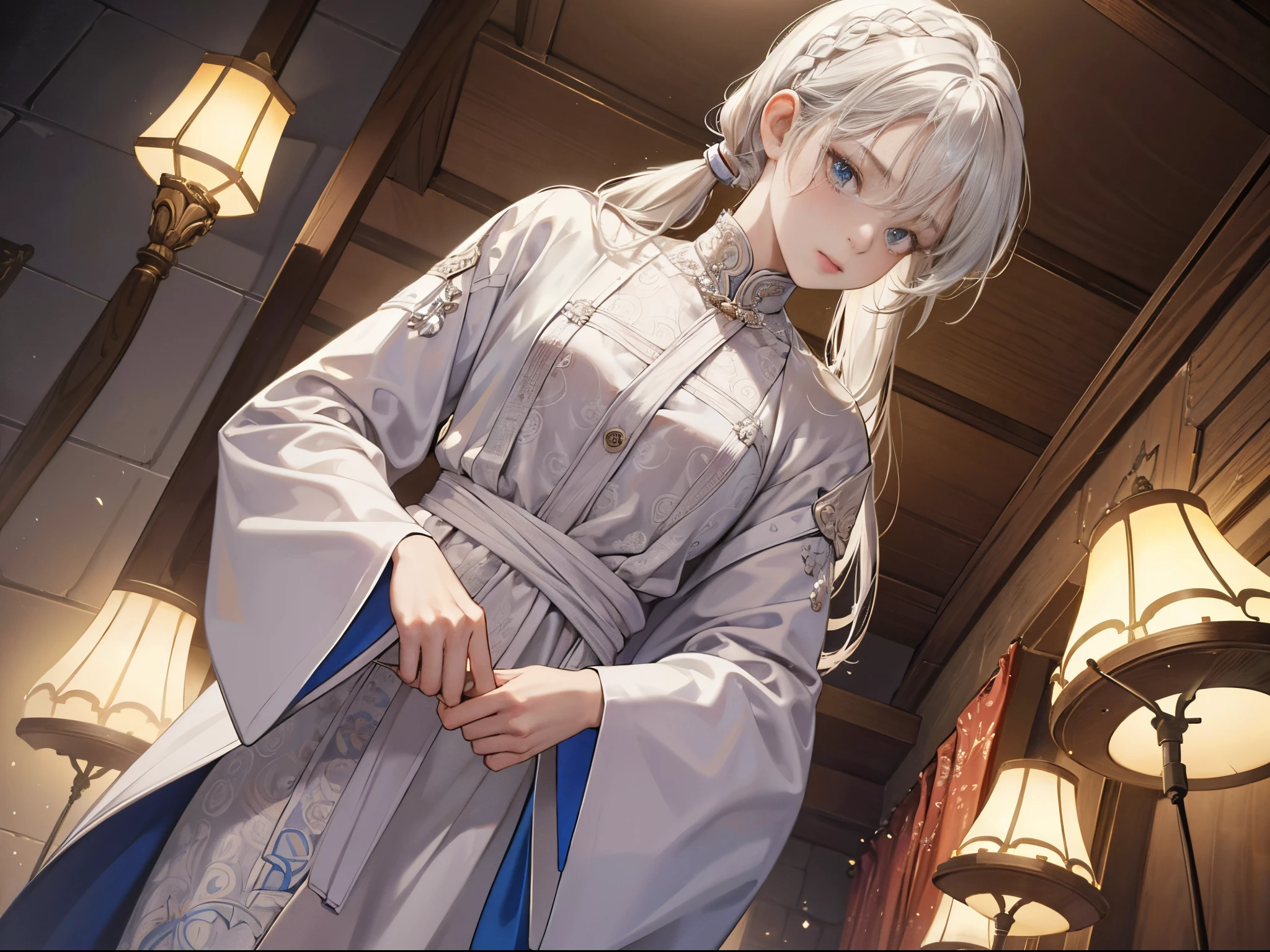 (Best quality at best, tmasterpiece:1.2), 超高分辨率, actual, Frontlighting, Complicated details, Exquisitedetailsandtextures, 1个Giant Breast Girl, own ,(young), Face highlights, The upper part of the body, 详细的脸, tear-mole, white skinned, silber hair, pony tails, braidedhair, looking at viewert, largeeyes, Silk robes, (Openwork pattern, The white, silkouette), 耳Nipple Ring, small, slim, Deluxe Room, profesional lighting, フォトンマッピング, ラジオシティ, physically-based renderingt,