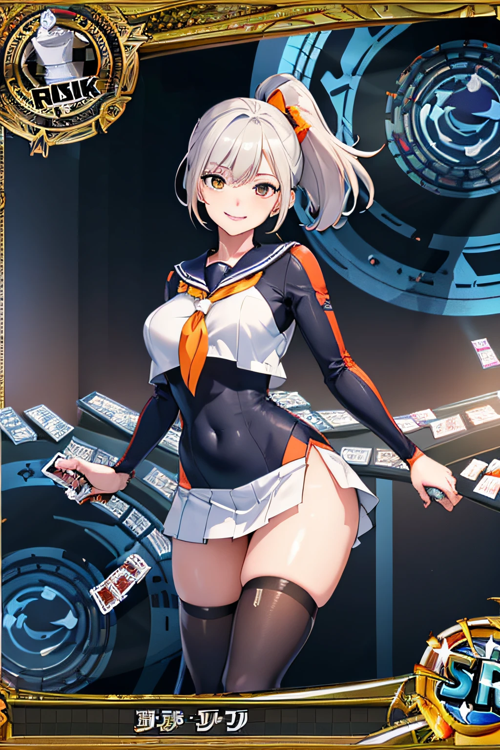 (Trading Card Game Frames:1.7),Cybernetic arm and glowing cyber girl,(Women's Uniforms,a sailor suit,White skirt,)Stand on a post-apocalyptic battlefield cityscape.Surrounded by a network of wires. Surrounded by a web of circuits. (Cyber Girl with Orange Glowing Sword:1.3), Shiny Silver Shorthair,disheveled ponytail,Cute smile,Perfect round face,Black eyes,A cheerful smile that makes the viewer happy,Proper body proportion,Intricate details,Very delicate and beautiful hair,photos realistic,Dreamy,Professional Lighting,realistic shadow,Solo Focus,Beautiful hands,Beautiful fingers,Detailed finger features,detailed clothes features,Detailed hair features,detailed facial features,top-quality,Ultra-high resolution output image,) ,(The 8k quality,),(Image Mode Ultra HD,),(Image Mode Ultra HD,),Science fiction fantasy