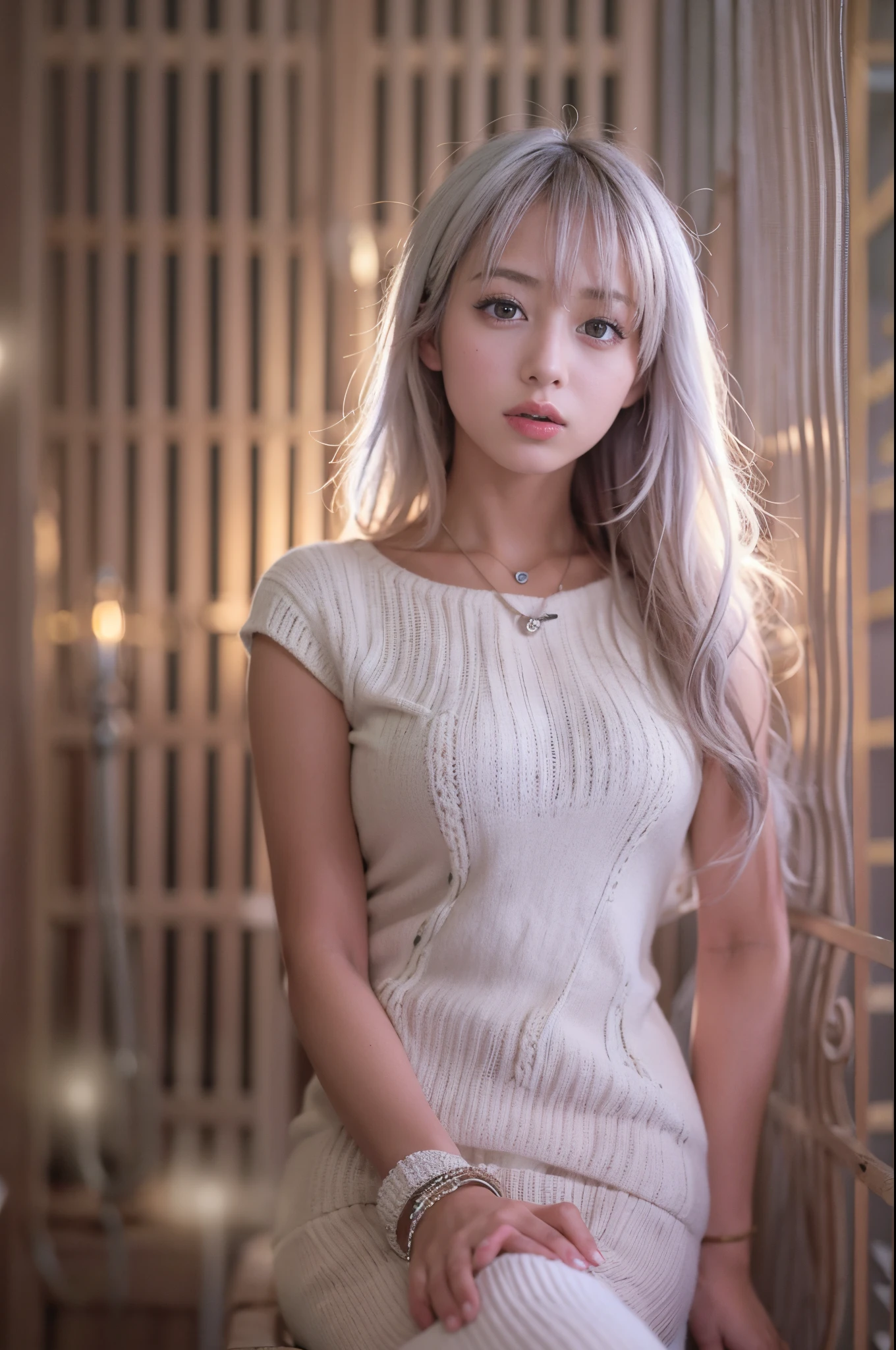 Japan 18 year old girl, dark, indoors, old wooden Japanese-style room, ((white knit sweater dress:1.3)), full body, one girl, ((very beautiful portrait)), (glowing skin)), RAW photography, (masterpiece, best quality, hyper detail, cinema lighting, intricate detail, high resolution, 8K, very detailed), detailed background, 8K UHD, DSLR, Soft lighting, High quality, Film grain, Fujifilm XT3, Shallow depth of field, Spotlight, (Spread your legs wide:1.5), POV, mouth open, Masturbation, Panties, Mastoid, big breasts look at the viewer, Sexy Pose, short hair、Silver hair、Bangs pink silver hair,Dark skin、Brown skin、strongly tanned skin、Gal style necklace、Gal style bracelet、Gal Style Accessories