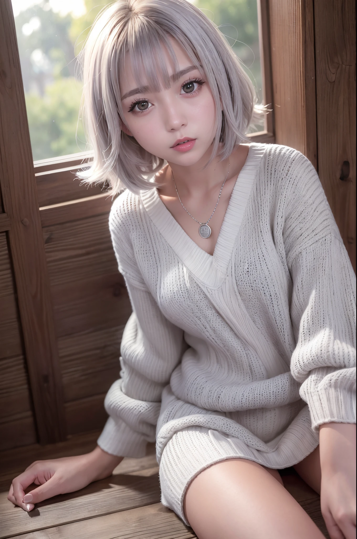 Japan 18 year old girl, dark, indoors, old wooden Japanese-style room, (white knit sweater dress:1.3), full body, one girl,  ((very beautiful portrait)), (glowing skin)), RAW photography, (masterpiece, best quality, hyper detail, cinema lighting, intricate detail, high resolution, 8K, very detailed), detailed background, 8K UHD, DSLR, Soft lighting, High quality, Film grain, Fujifilm XT3, Shallow depth of field, Spotlight,  (Spread your legs wide:1.5),  POV, mouth open, Masturbation, Panties, Mastoid, big breasts look at the viewer, Sexy Pose, short hair、Silver hair、Bangs pink silver hair,Dark skin、Brown skin、strongly tanned skin、Gal style necklace、Gal style bracelet、Gal Style Accessories