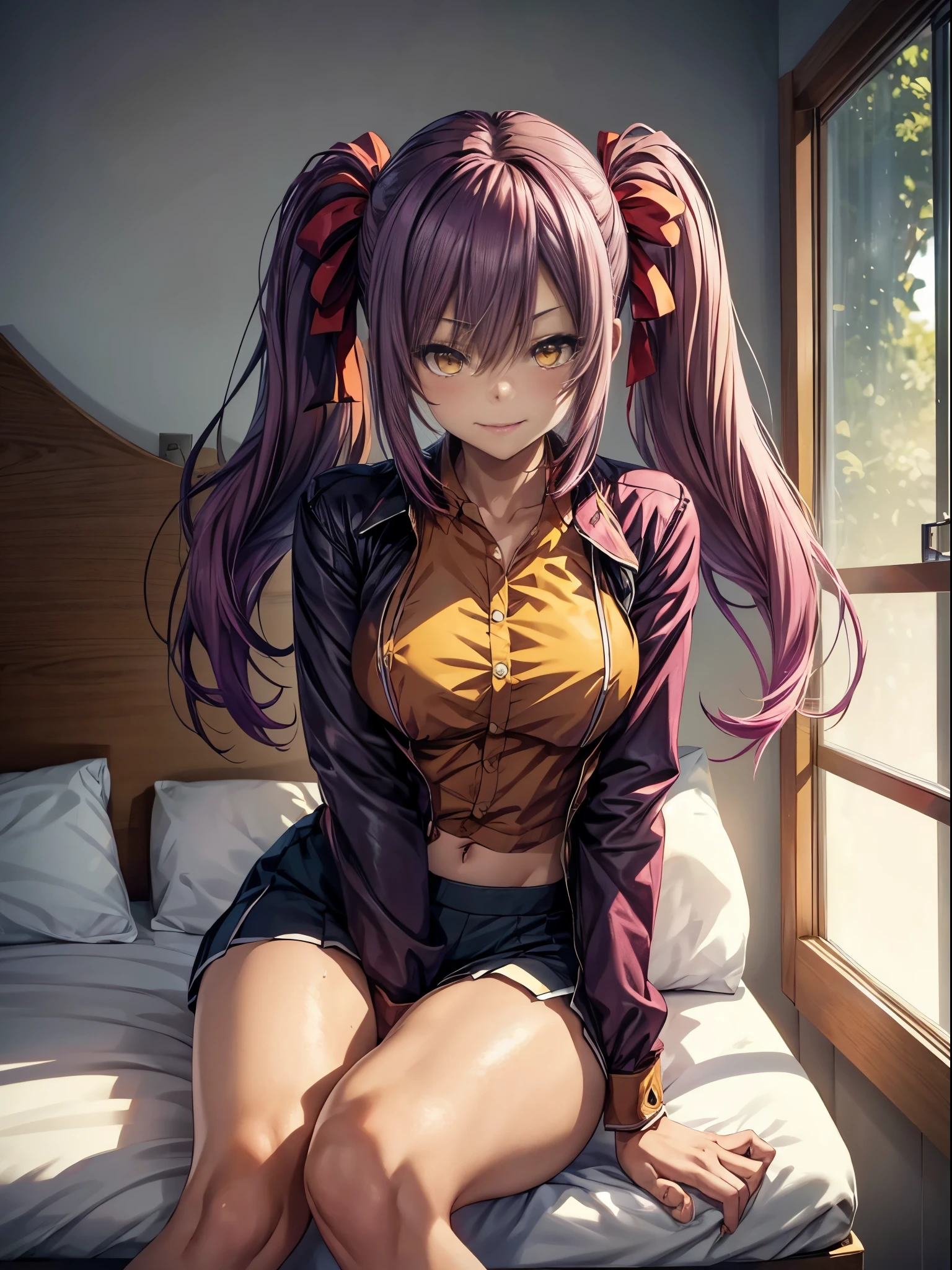 (((1 girl))), medium breasts, a beautiful and cute lady, standing, (((in the motel room))), (muscular ass), (thin waist), (butt only), body photo entire, (((Ichika Amasawa))) , white skin, red ribbons in hair, (((bright yellow eyes))), good anatomy, perfect hands, (perfect, muscular legs), slim waist, muscular abdomen, wearing shoes black women in high heels, (sitting on chair), (((legs open))), (Magenta hair color), Straight hair, (((Twintails hair))), (golden yellow eyes), anime, minimalism, style anime, ray tracing, cinematic lighting, glow, JPEG artifacts, bright light, divine rays, backlight, symmetry, panorama, Sony FE, hard drive, art -Prime, Accurate, Anatomically correct, super detail, best quality, disk hard, louder, 16k