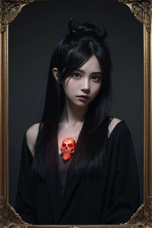 I have a 1080×1464 resolution painting frame,The frame should have an anime feel,The color should be dark,The frame should have a skull、Devil and other elements