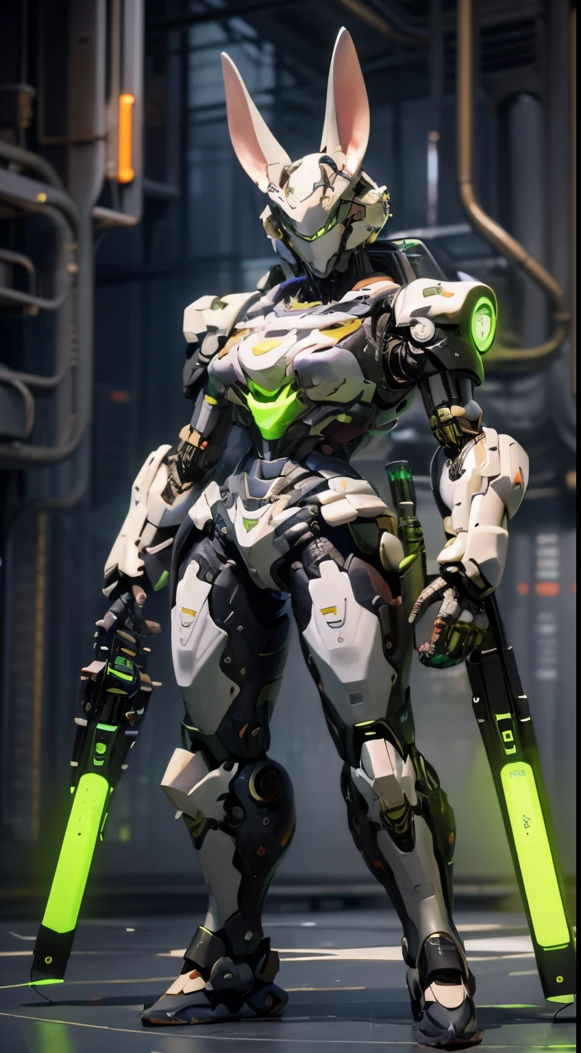 （（tmasterpiece，best qualtiy））， illustratio，1girll，Rabbit ears，Large breasts，dynamicposes， ultra-detailed 8K， realisticlying， Clear focus， ighly detailed， profetional lighting， Colorful Detailed， Long shot from rainbow color separation factory， large mechanical robot construction， microchips， a computer， with light glowing， intricate detailes， shitu-mecha， 1girll， wearing mecha， nabel， colorful image， with light glowing, (Cyberpunk Personality)，xiaowu