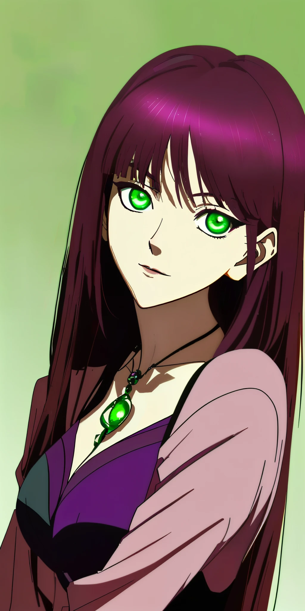 highly detailed exquisite fanart,Connect ticker and 8K, hight resolution,Very detailed CG, High quality shadows, Detail Beautiful delicate face, Detail Beautiful delicate eyes,BREAK(Highly detailed 8k wallpapers),(Highly detailed CG 8K wallpaper),Makima (chain saw man),Sukasaha (Fate/grand order),Shimohira Reihua ,Hi-Res,Very delicate and beautiful CG illustration,top-quality,beautiful thigh,big breasts thin waist,(((masutepiece))), (((Best Quality))),8K,32K,​masterpiece,beautiful alluring anime woman,ultra-definition,ultra-detailliert,hight resolution,a hyperrealistic schoolgirl,masuter piece, Best Quality, High quality, High Definition, high quality texture, high quality shadow, high detailing,finely detail,A teenage girl,1girl in,High school students,Solo,Soio,Only one person,Alone,One Person,taki,Mature atmosphere,Leg length,neat and long legs,8 Head Body,stature:171cm,Mature girls,Reddish-purple hair,Reddish-purple hair,Purple hair,cassis colored hair,silky and smooth hair,Colorful hair,Straight hair,Smile,Cool Beauty,Beautuful Women,Neat face, Beautiful realism,Seductive look,Bewitching look,serene expressions,beautiful hairl,She wears a necklace around her neck,Necklace,bead necklace,magatama accessories,A slight smil,Colorful eyes,green colored eyes,Jade-colored eyes,beautidful eyes,Bright eye,Delicat eyes,Eyes Like Gems,Jade Eyes,Hanging eyes,(Green eyes:1.5),Seductive face,Watching the viewer,Model photo,simple background,Black hair, longeyelashes, lightsmile, Reddish-purple hair, cassis colored hair, Hairpin, lightsmile, Seductive smile, Jade-colored eyes, PUPILS SPARKLING, Hanging eyes, Knitted dresses, Longer dress,  hight resolution,Model photo,gravure,Jade-colored eyes,