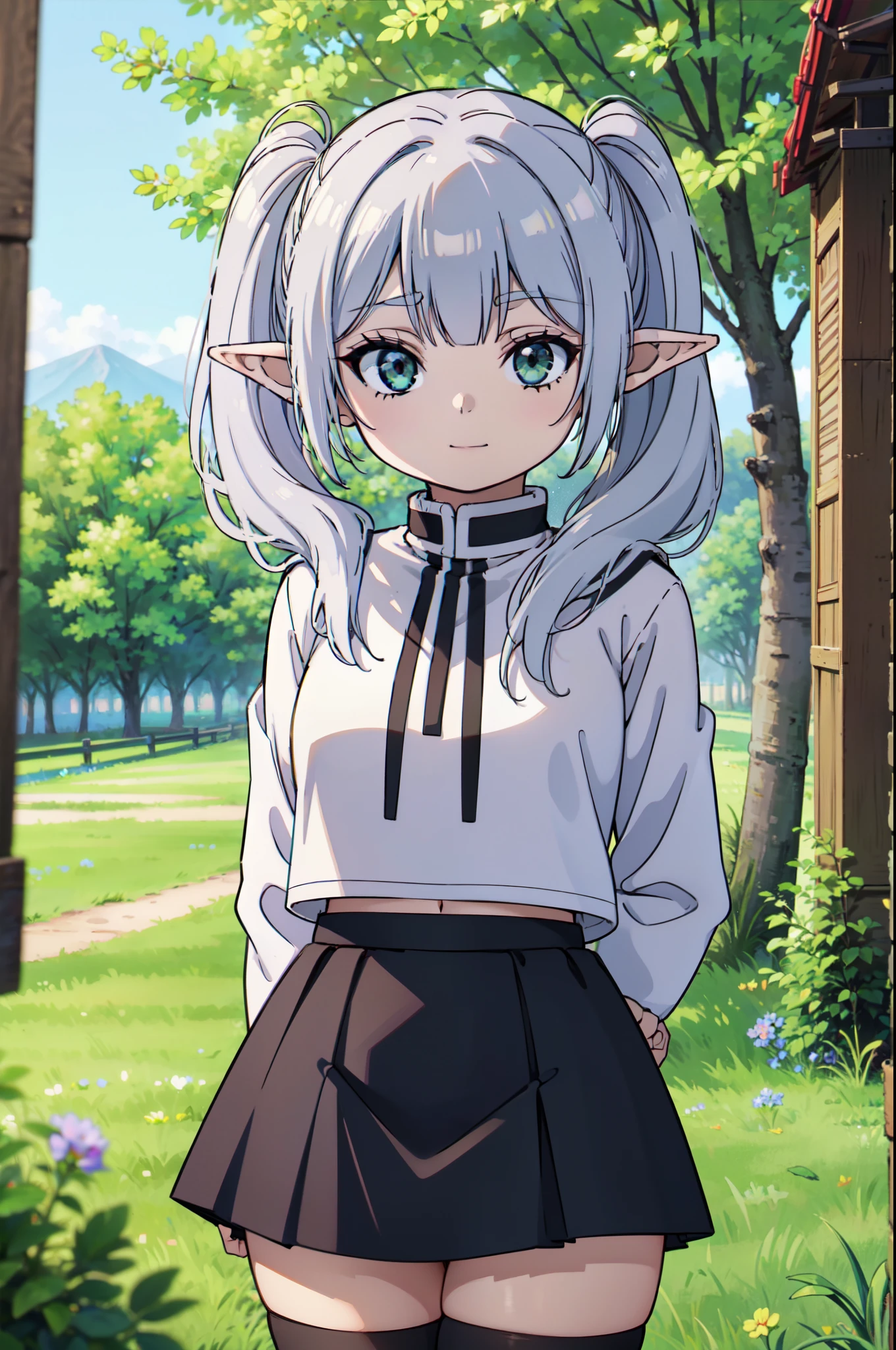 Masterpiece, 1girl, solo, frieren style, from below, front shot, rogue clothes, long hair, twintails, green eyes, beautiful eyes, grey hair, pointy ears, elf, serious, small smile, closed mouth, medium breasts, petite, modern fashion, ((sailor uniform, schoolgirl)), skirt, thighhighs, blue skirt, black thighhighs, depth of field, bokeh, (field scenery, blue flowers), trees, (close-up), upper body, arms behind back, masterpiece, best quality, 8k, absurdres
