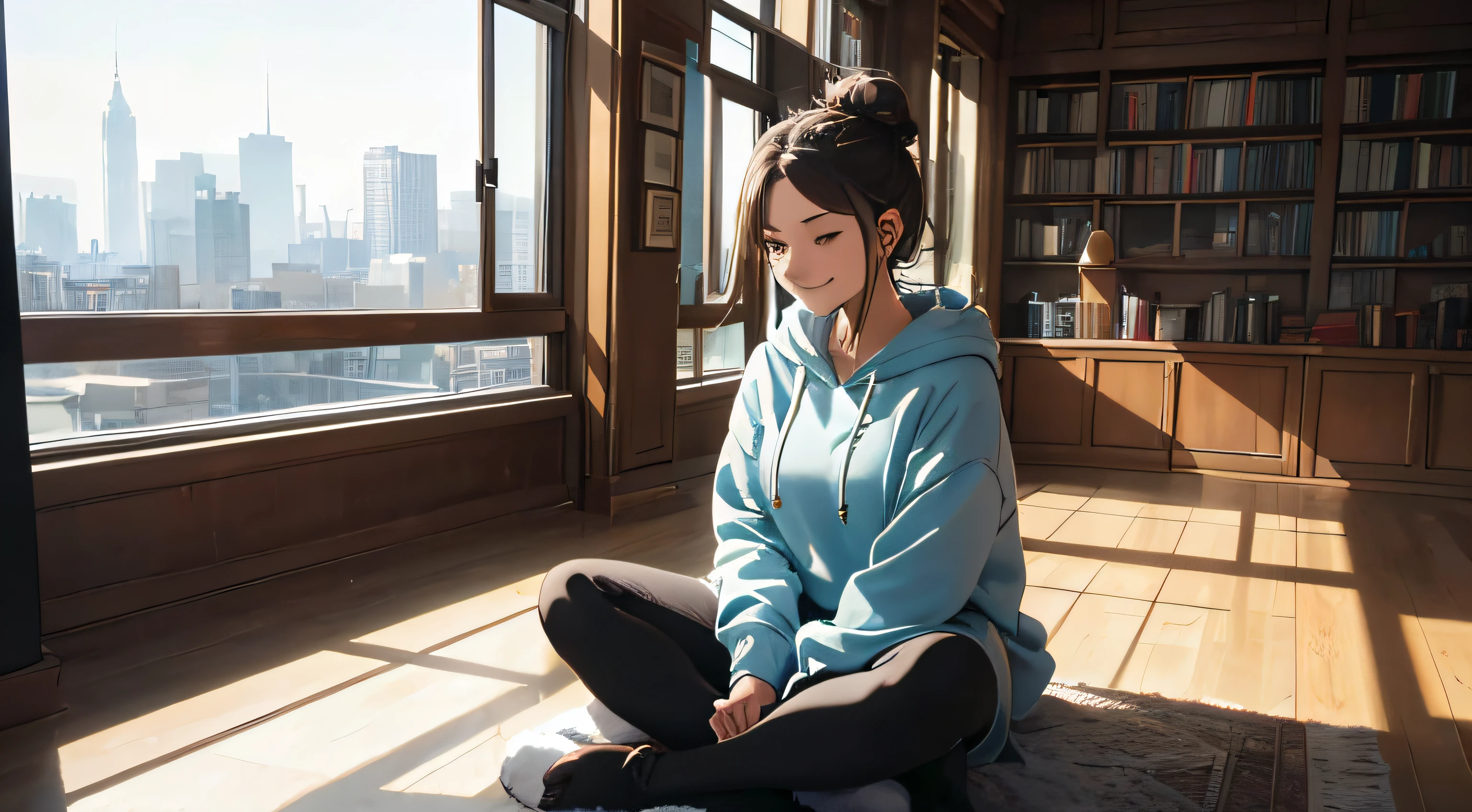 A beautiful girl is sitting in a peaceful room, usando fones de ouvido e olhando pela janela em um dia ensolarado. A sala tem alguns livros, and the only sound is the gentle hum of the city outside. The girl is wearing a comfortable oversized hoodie and leggings, and your hair is tied up in a messy bun. She is smiling and relaxed, and the music she&#39;What she&#39;s hearing seems to be bringing her peace.