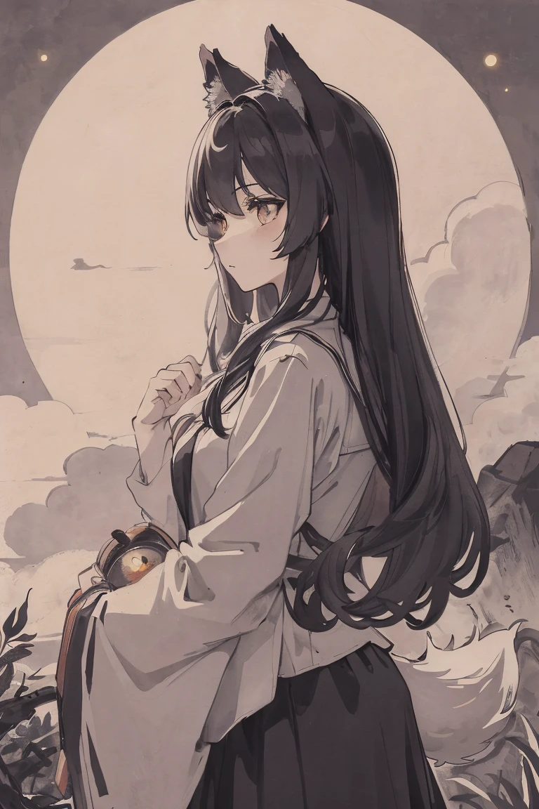 masterpiece, best quality, night, hill, clouds, full moon, long hair, Wolf, silhouette, fireflies,diaphragm.