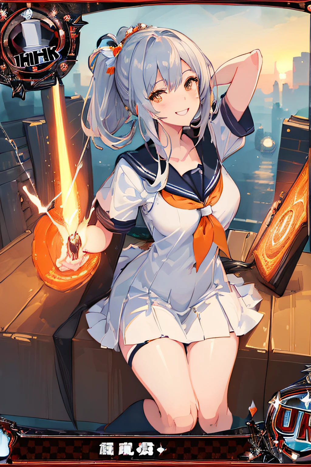 (Trading Card Game Frames:1.7),Cybernetic arm and glowing cyber girl,(Women's Uniforms,a sailor suit,White skirt,)Stand on a post-apocalyptic battlefield cityscape.Surrounded by a network of wires. Surrounded by a web of circuits. (Cyber Girl with Orange Glowing Sword:1.3), Shiny Silver Shorthair,disheveled ponytail,Cute smile,Perfect round face,Black eyes,A cheerful smile that makes the viewer happy,Proper body proportion,Intricate details,Very delicate and beautiful hair,photos realistic,Dreamy,Professional Lighting,realistic shadow,Solo Focus,Beautiful hands,Beautiful fingers,Detailed finger features,detailed clothes features,Detailed hair features,detailed facial features,top-quality,Ultra-high resolution output image,) ,(The 8k quality,),(Image Mode Ultra HD,),(Image Mode Ultra HD,),Science fiction fantasy