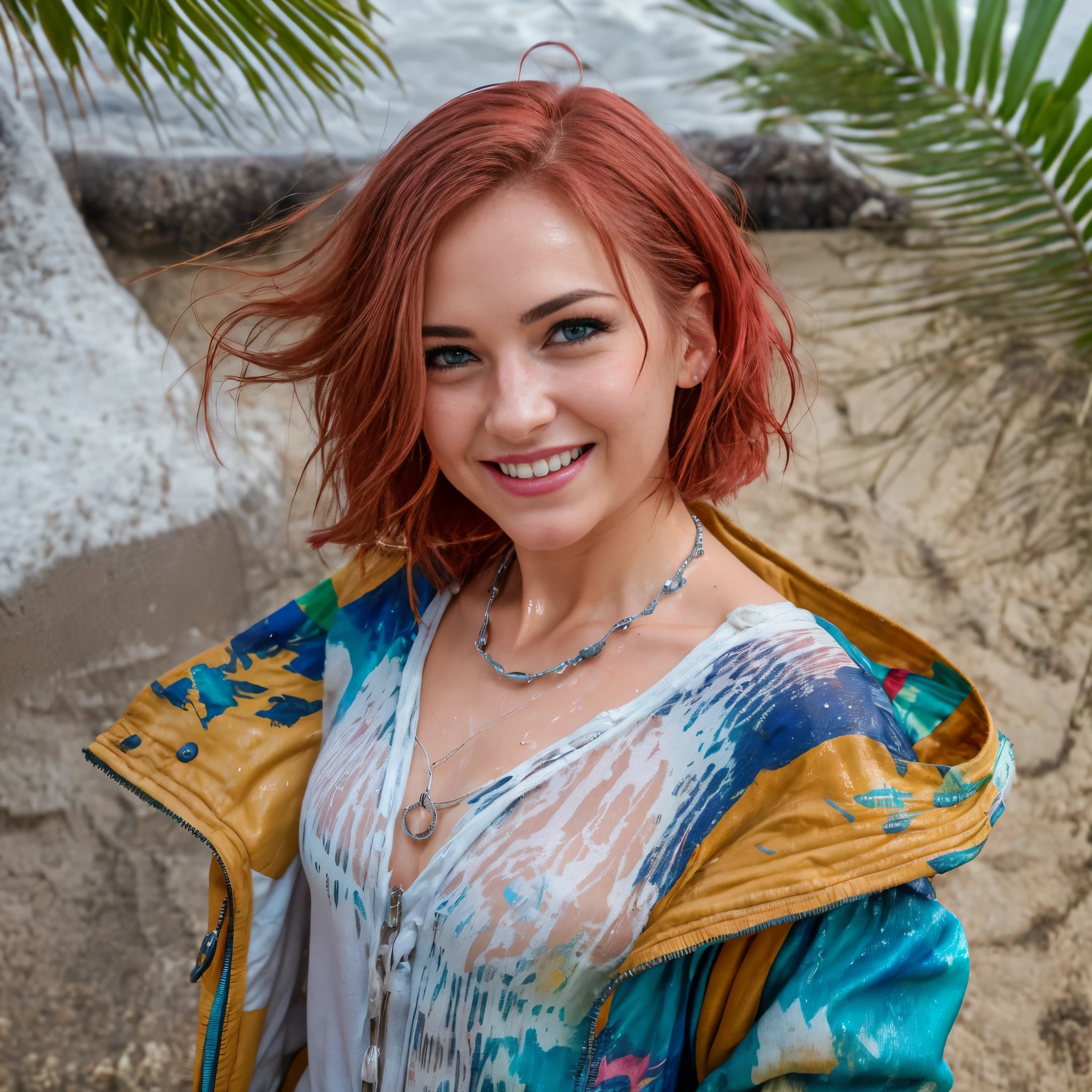 (Best quality, 8k, 32k, Masterpiece, UHD:1.2),Photo of Pretty woman, very short bob hair,upper body,face focus,oversized_shirt, necklace, background, from above, looking at viewer, dyed red hair, tropical beach, smile, jacket, tunic, wet clothes, wet, soaked