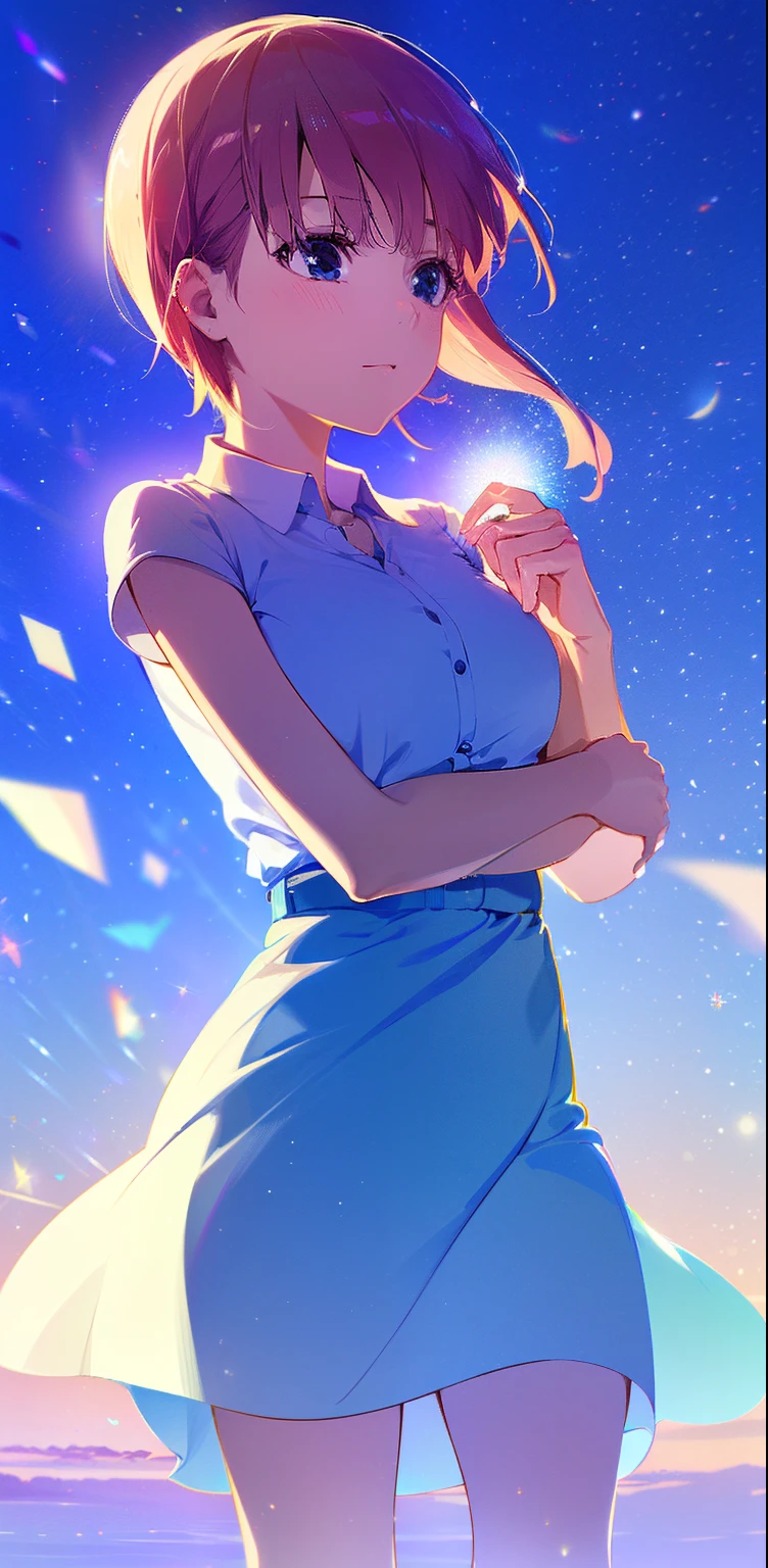 Wallpaper inspired by Your Name movie by Makoto shinkai. Starry sky, masterpiece, perfect anatomy, romantic, Kimi no na wa, extremely detailed faces. Cute faces, perfect faces, masterpiece, 4k, Cute as a dream、a pale, (​masterpiece、top-quality、top-quality, Ultra Detail, Movie, Hyper Realism, Soft Light, Deep Focus Bokeh, Ray Tracing, --niji 5. crystal, fantasy, galaxy, transparent, shimmering, sparkling, splendid, colorful, magical photography, dramatic lighting, Ichika Nakano, short pink hair, blue eyes, nakano_ichika, photography pose, cowboy shot, close shot, collared white shirt slightly umbuttoned, iridescent, cute, crystal, love, blushing, sweet expression, splendid delicate dress, blue sky, iridescent clouds, pastels, dark starry sky,