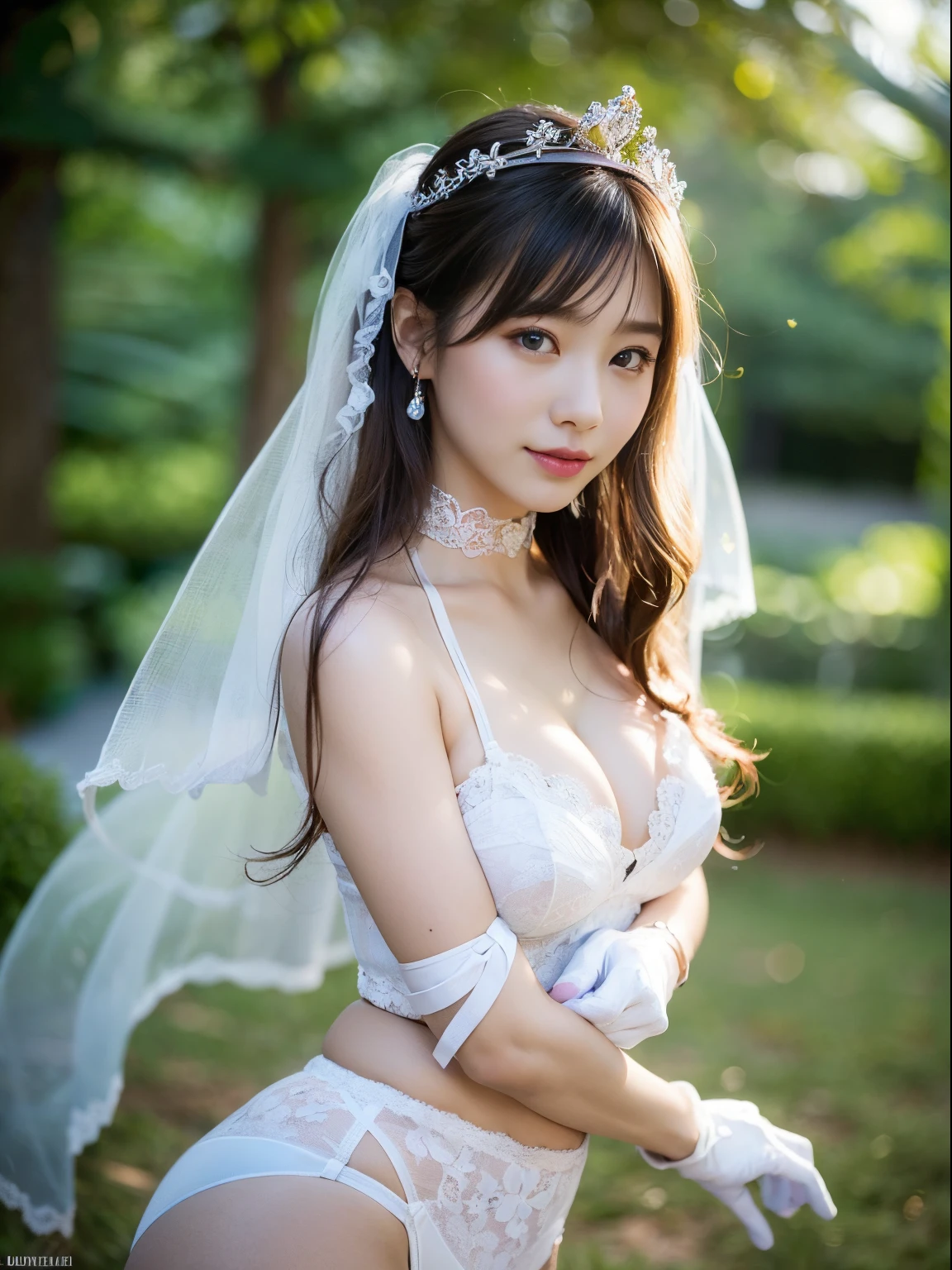 Highly detailed CG Unity 8K wallpapers、top-quality、ultra-detailliert、masterpiece、realisitic、Photorealistic highly detailed cute girl、one girls、(25-years old)、red blush、round idium chest、cleavage of the breast、Semi-body shots、White wedding dresses、Valley、landscaped gardens、(White Princess Line Wedding Dresser Tiara、White choker、White lace gloves、white panty hose:1.2),(White skirt、Beautiful embroidery、White lace garter belt:1.2),Beautiful necklaces、The whole body is reflected、Mouth ajar、Enchanted、A wistful look、Ecstatic face、cum faced、Standing、looks from behind