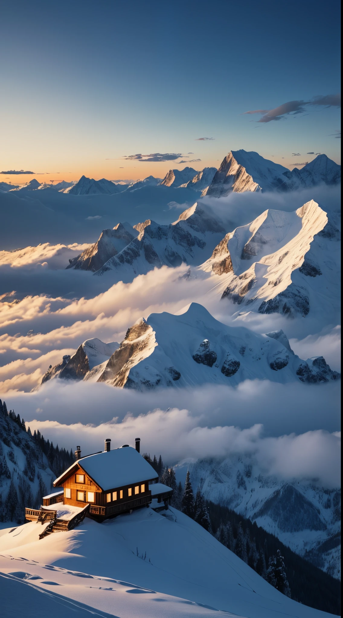 Snow, Clouds, mountain hut, Night, snow mountains, Beautiful Landscapes, foggy