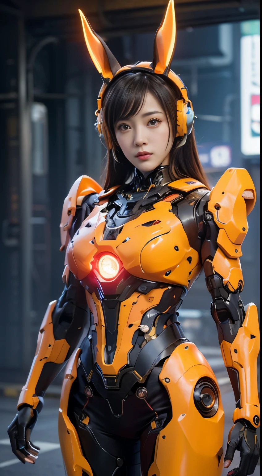 ((tmasterpiece,best qualtiy)), illustratio,1girll,Rabbit ears,Large breasts,dynamicposes, ultra-detailed 8K, realisticlying, Clear focus, ighly detailed, profetional lighting, Colorful Detailed, Long shot from rainbow color separation factory, large mechanical robot construction, microchips, a computer, with light glowing, intricate detailes, shitu-mecha, 1girll, wearing mecha, nabel, colorful image, with light glowing, (Cyberpunk Personality),xiaowu