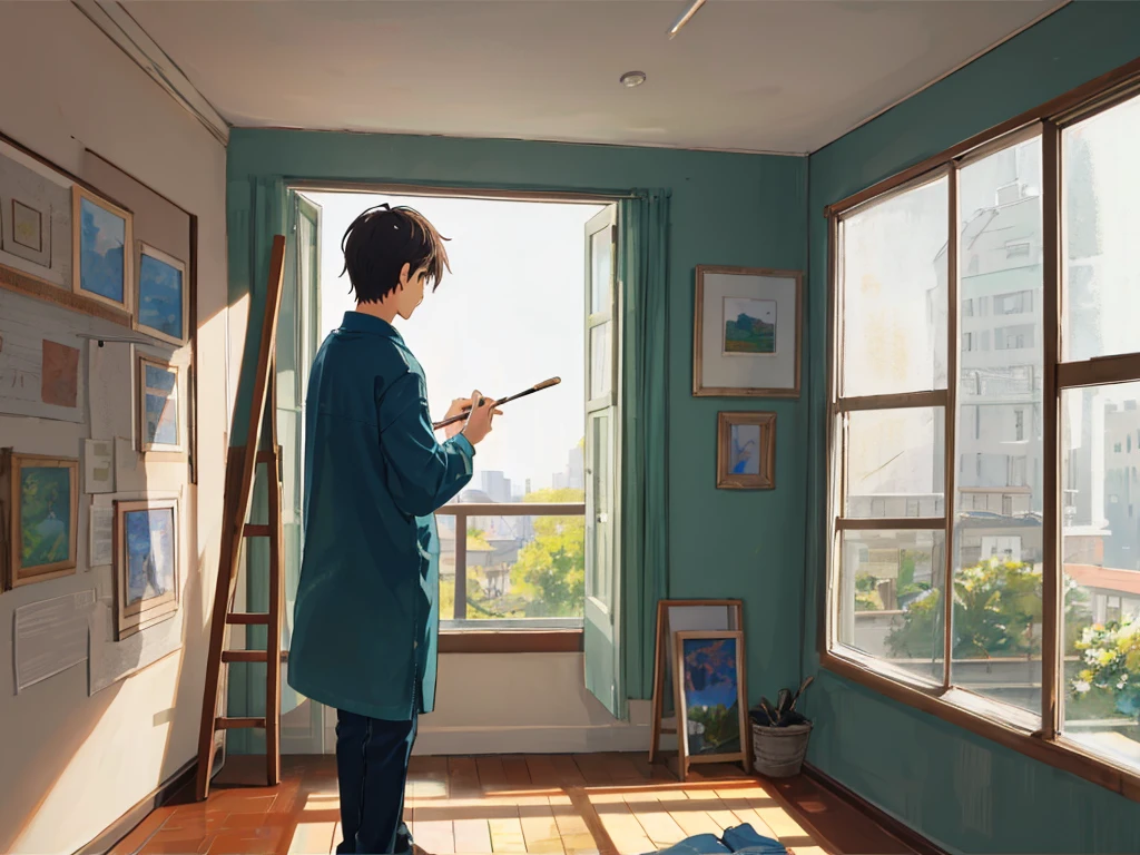 Art Room、male child、by the window、Painting