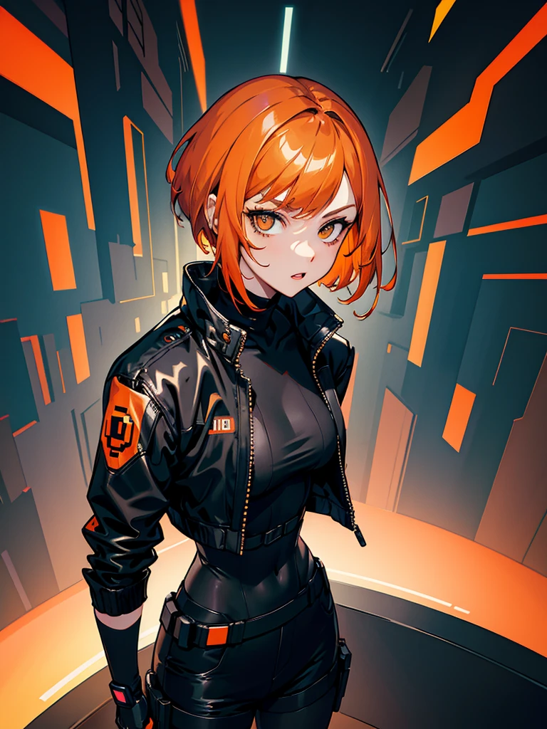 cyberpunk, portrait, full body, dark background, facing, woman, short hair, orange hair, wear black jacket, pixel art