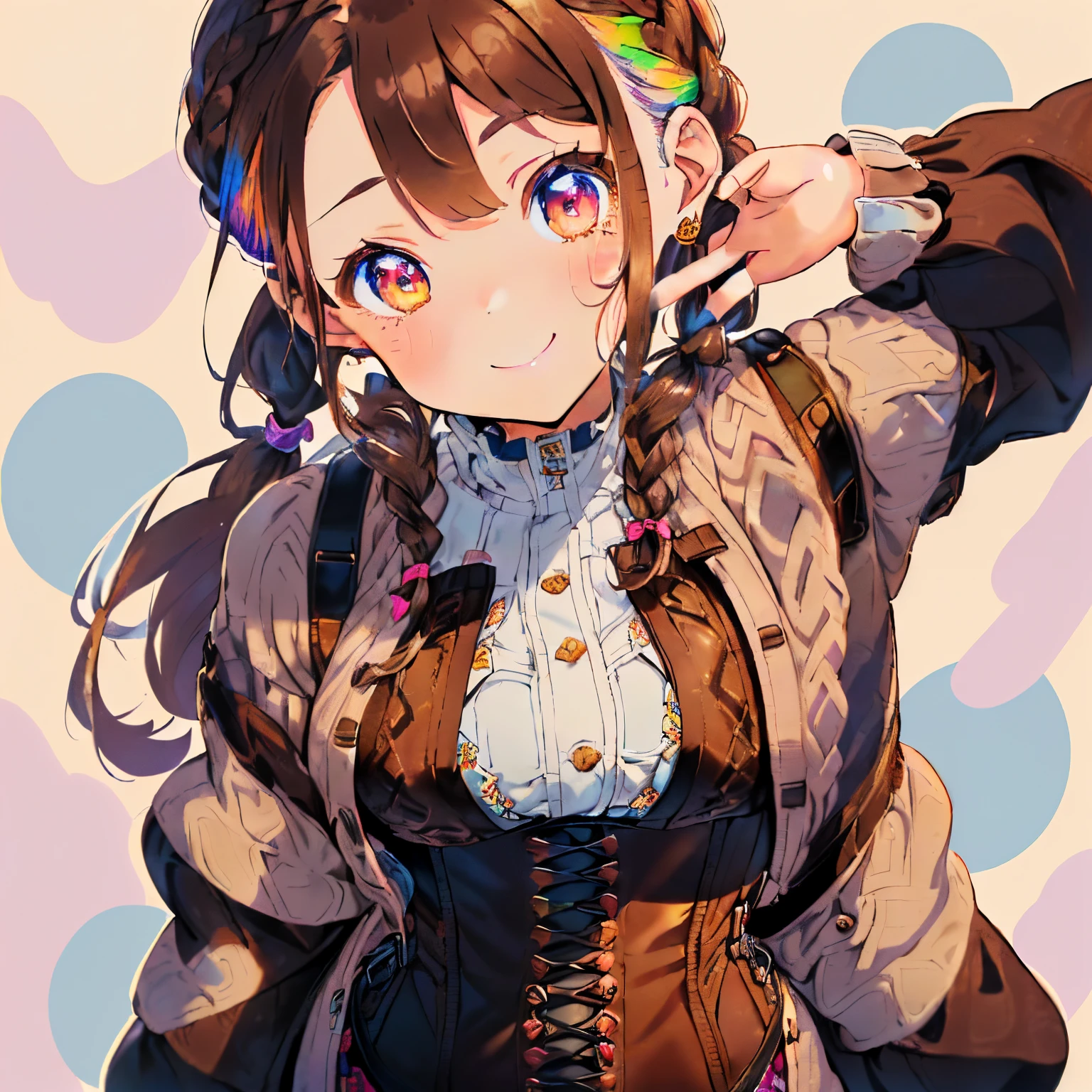 ((Brown hair)),((Braided shorthair)),((Brown eyes)),((Pigtails)),((Pair with a bungalong sleeve jacket or cardigan),((Winter clothes)),(nordic pattern colorful clothes),((Black shorts)),((corsets)),Slight red tide,(Cute pose with a smile),((Pop, Colorful and cute world view)),Kamimei,((close up of face)),