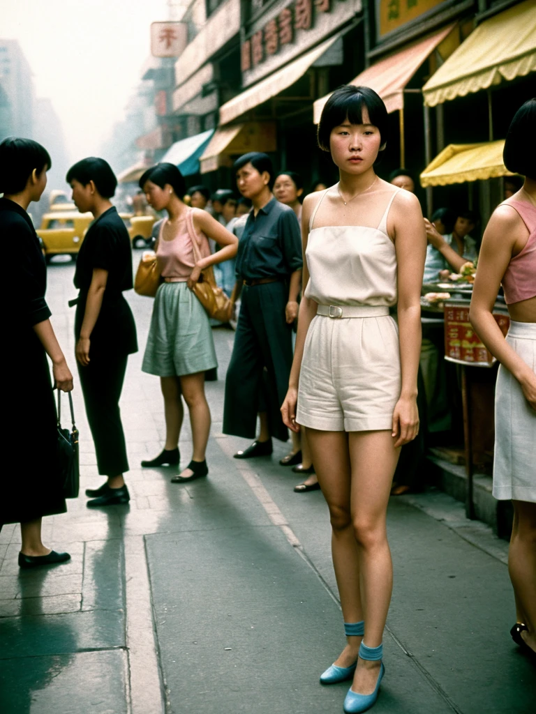 cinematic | Blade Runner 1982 color grading, | Street Photography | extreme Full body Shot Accurate, Anatomically Correct, Textured Skin, 16K Super Detail, Pastel Colors photo cinematic still, documentary photography, editorial, national geographic photo, dramatic, cinematic light of one Asian Young Adult: 20-29 years, Female Bob cut hair, Makeup, in Candid Movement Pose, Beijing, China Street , Golden hour Summer 1960 Vintage Colorization, High ISO Grain, Raindrop Bokeh, Tilt-Shift Effect Effect, in the style of Dorothea Lange