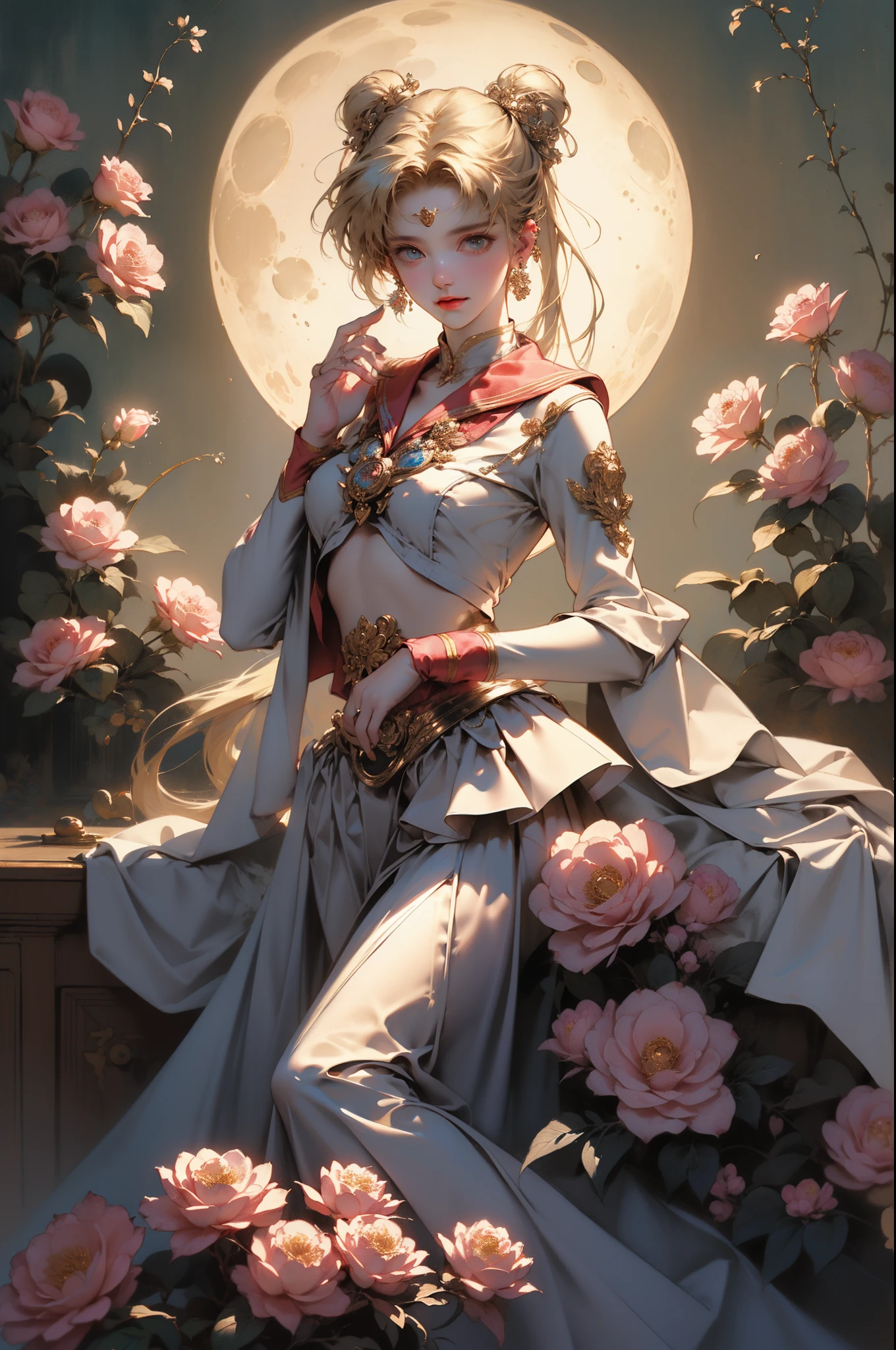 ((tmasterpiece,quality,Best quality at best,offcial art,Beauty and aesthetics:1.2)),((Mariner Moon:1.6,Mariner Moon)), Long blonde hair, dual horsetail,Sailor Moon Aesthetics,A beautyful girl,Puffy skirt,blue colors, dream core,The content very detailed,(s fractal art:1.3),(flowers in full bloom:1.3),((ultra - detailed)), ((Very meticulous)),( tangled:1.2), (dynamicposes), (abstract backgrounds:1.3), (Chinese fabric:1.2), (Skin glows), (Lots of colors:1.4), ,(耳Nipple Ring:1.4),(Decorative painting:1.6,), lamplight,Ink painting and watercolor,ink,water ink,:1.6