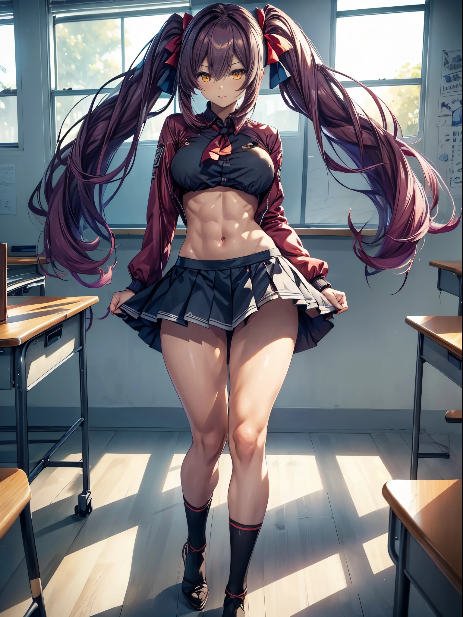 (((1 girl))), medium breasts, a beautiful and cute lady, standing, (((in the classroom))), (muscular ass), wearing a very sexy bikini, (thin waist), (only ass), full body photo, (((Ichika Amasawa))) , white skin, red ribbons in hair, standing, (((bright yellow eyes))), good anatomy, perfect hands, (((muscular legs and perfect))), thin waist, muscular abdomen, wearing black high-heeled shoes, (((showing her legs sensually))), (Hair color Magenta), Straight hair, (( (Twintails hair))), (eyes golden yellows), anime, minimalism, anime style, ray tracing, cinematic lighting, glow, JPEG artifacts, bright light, divine rays, backlight, symmetry, panorama, Sony FE, hard drive, art -Prime, Accurate, Anatomically correct, super detail, best quality, hard drive, highest, 16k