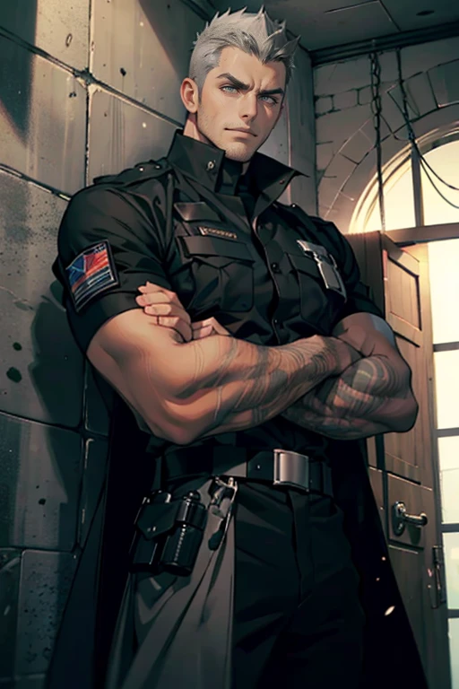 1 tough young man ,Tall and buff and strong,special operating, perfect male body,look at the camera , dark hair ((very short spiky hair, light gray eye color)), (black tactical uniform, dark overcoat, Hold your arms, evil angry smile, prison cell, no facial hair)portrait,dramatic shadow,Ray tracing, Best quality, Cinematic lighting, Extremely detailed CG, 8K wallpaper,Complicated