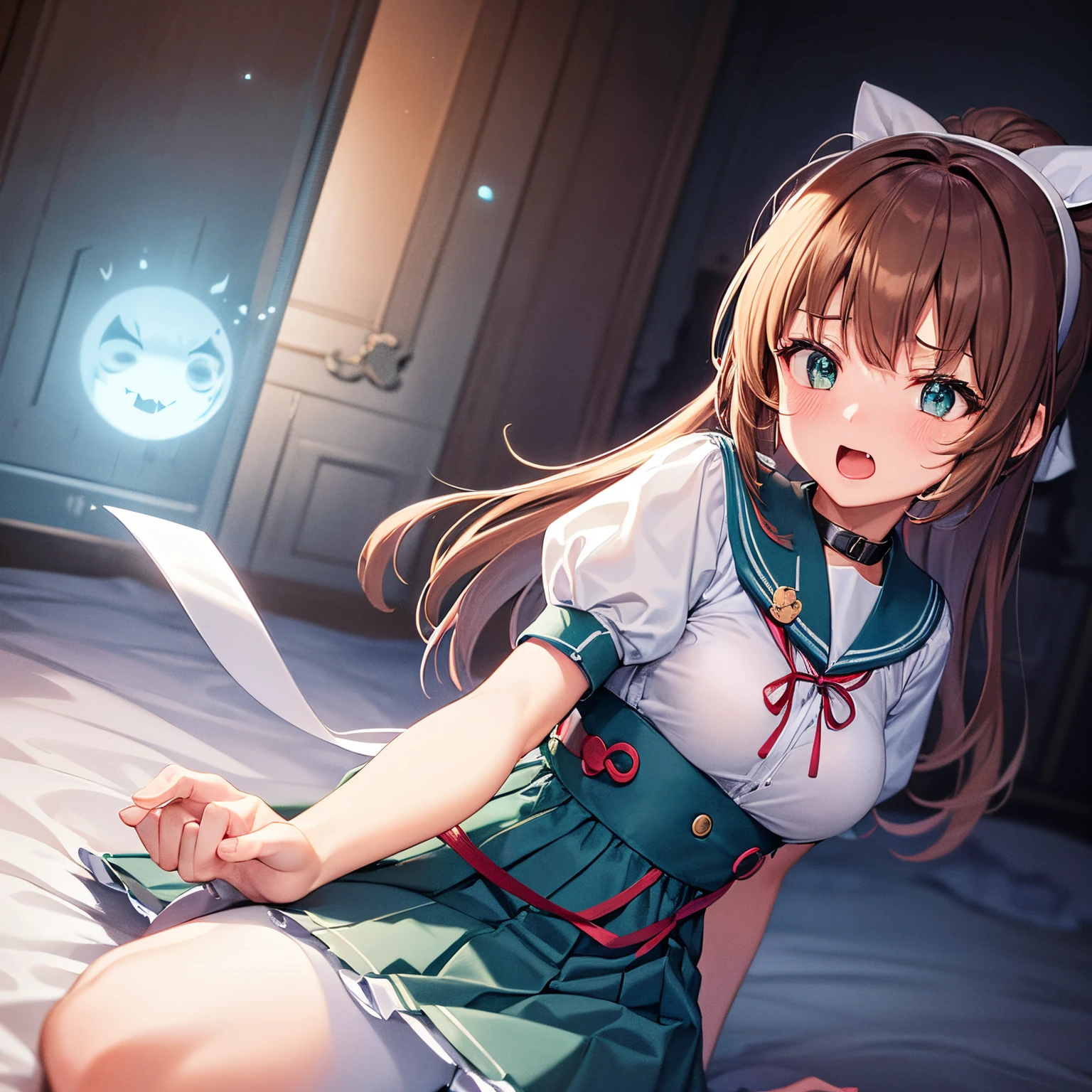 A cute  japaneese girl, drawn in anime style, futuristic, Y2K aesthetic, sci-fi, is afraid, jade green eyes, long brown hair, ribbon headband, small breast, white and blue futuristic sailor lolita dress with puffy sleeves, school crest, red ribbon, navy blue pantyhose, sport shoes, holding a flashlight, screaming in horror, in a abandoned haunted mansion, running away from a ghost, at night, moonlight, low brightness, darkness, highly detailed, 4K.