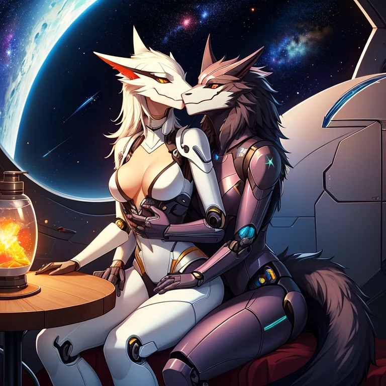 female, furry, anthro, sergal, android, metallic, robotic, shiny, short, small breasts, thin body, sitting down on bed, kissing girl, partner on lap, hugging, caressing,  brothel, at table, science fiction, galaxy, stars, space ship, high quality, masterpiece,