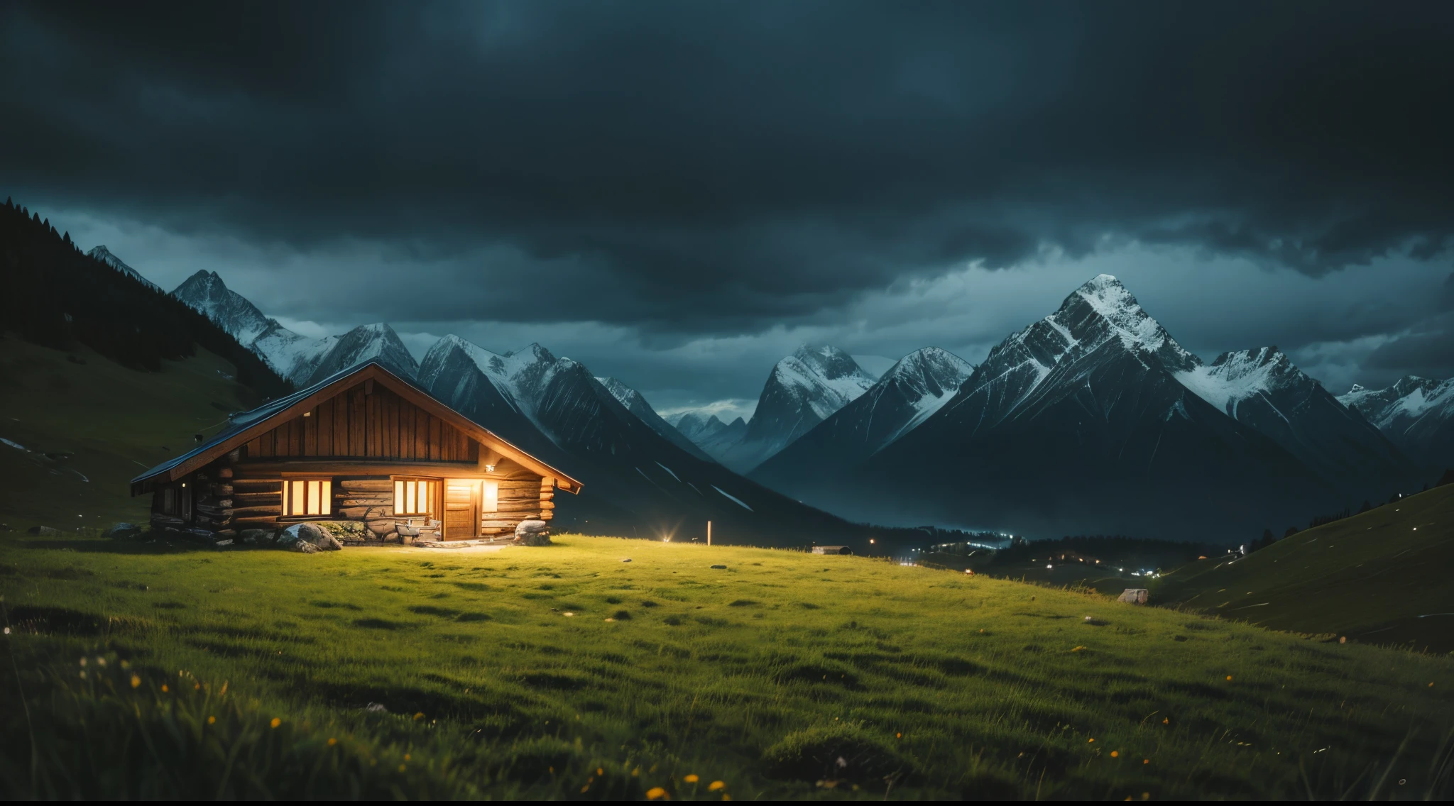 Mountain hut,rainy, grassland,night