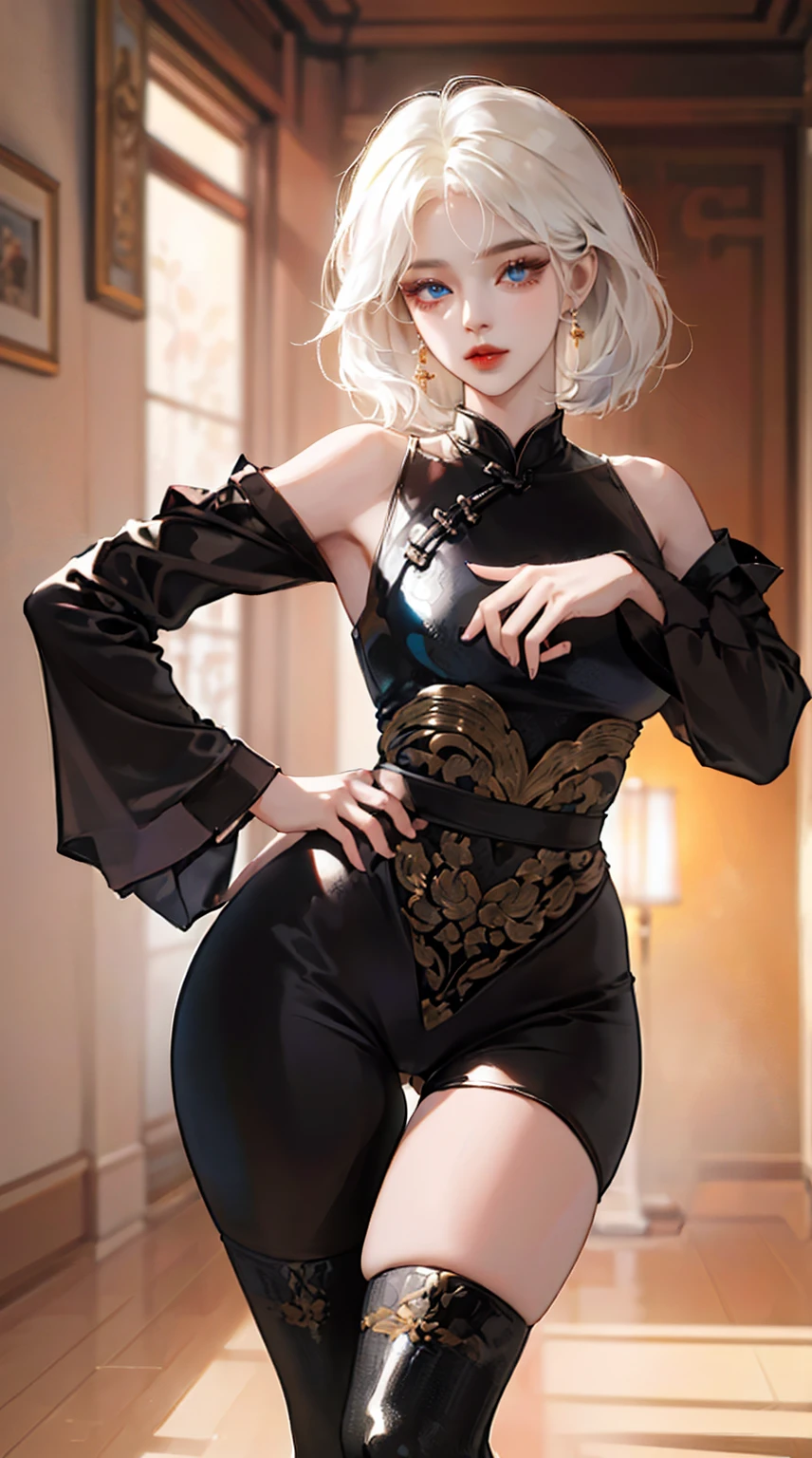 (best quality:1.2, absurdres,), (masterpiece:1.4), ultra detailed, 1girl, white hair, blue eyes, mature female ,fashi-girl , intricate details, beautiful girl, stunning looks, finely detailed eyes and detailed face, red lips, transparent black pinup cheongsam with thigh highs and high heels, short hair, bangs, side locks, shiny skin, soft volumetric lighting, cinematic lighting, anatomically correct, full body, ((slim-thick, wide hips, slim waist, curvy figure, thigh gap, perfect body )), cameltoe, perfect anatomically correct hands , looking at viewer, dynamic pose, (artstation:1.2)