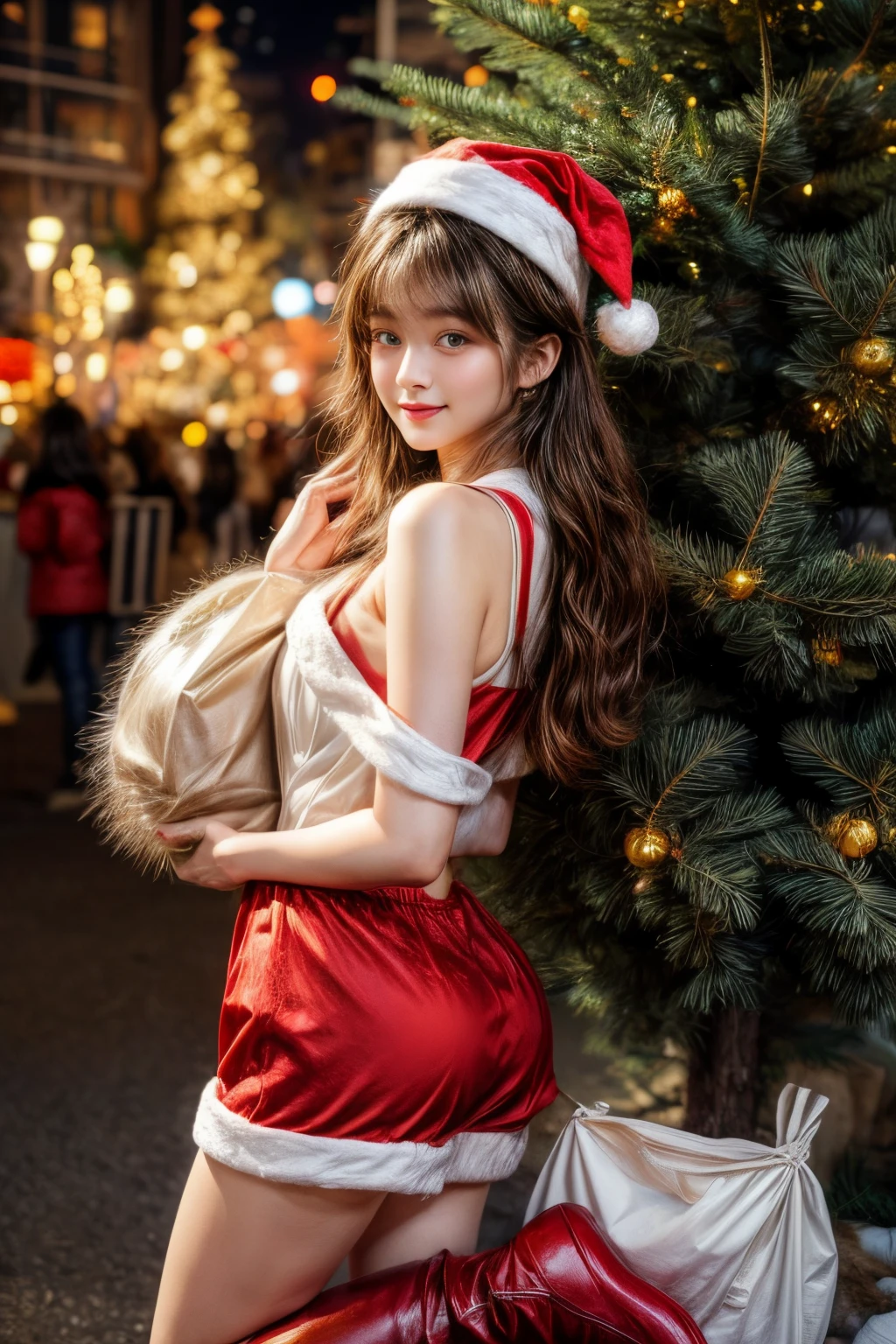 ​masterpiece、8K、32K、top-quality、(A detailed eye)、(A cute Japanese woman、bangss)、23years old、1 girl in、elegent、(Detailed background depiction、portlate:1.2)、(Christmas tree:1.3)、natta、is standing、(Santa Claus Costume、Carrying a large white bag with luggage on his back:1.3)、(illuminations:1.3)、red face smile、(Raise one leg、Short boots:1.2)、beauty legs