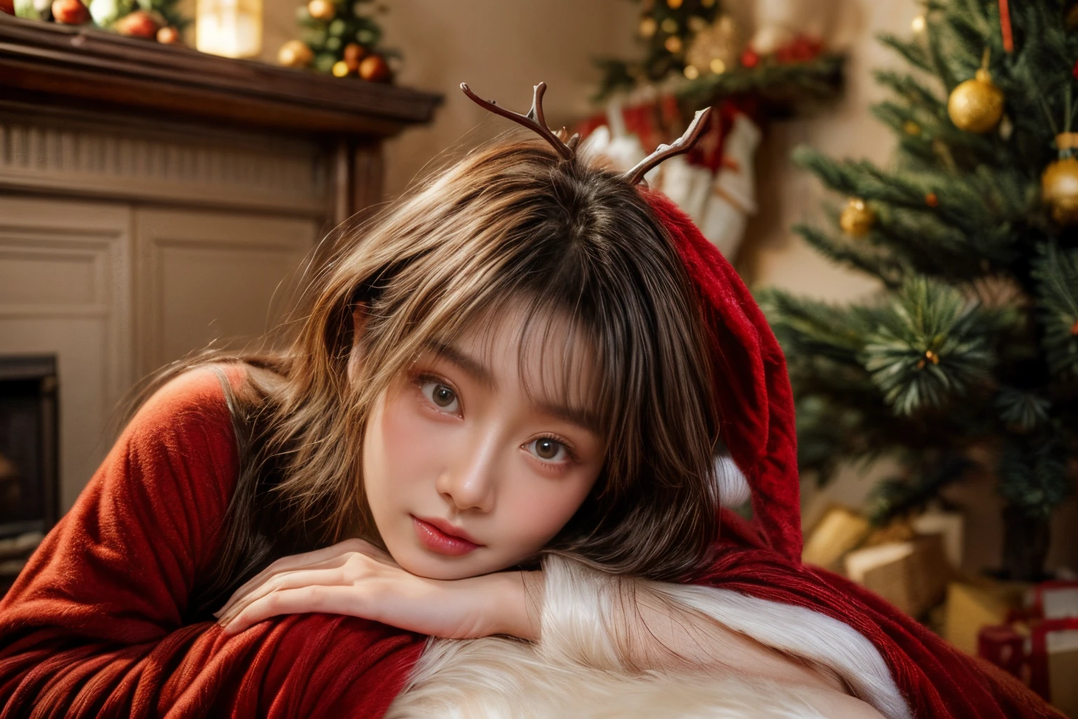 ​masterpiece、8K、32K、top-quality、(A detailed eye)、(A cute Japanese woman、bangss)、23years old、1 girl in、elegent、(Detailed background depiction、portlate:1.2)、(Christmas tree:1.3)、By the fireplace、(Reindeer Costume:1.2)、(illuminations:1.3)、View the ceiling、Lie down、(laying on back)beauty legs、