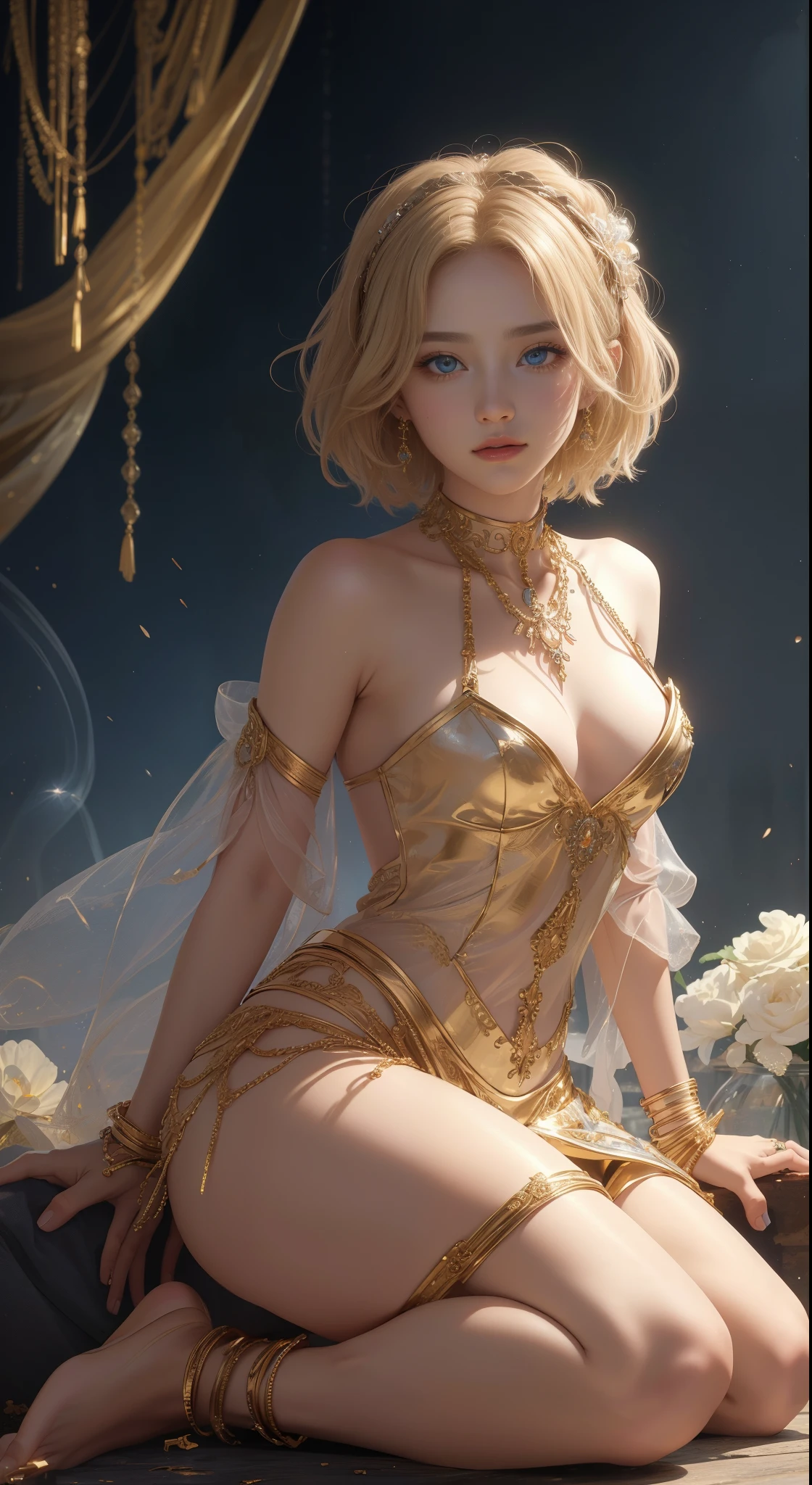 tmasterpiece，Highest image quality，Beautiful slave kneeling figure，His face flushed，Delicate blonde with short hair，Clear golden eyes，Embellished with a dizzying array of metal chokers and anklets，Ultra-detailed details，advanced。At the Pixiv Art Station，Break your own power，，The kinky  exposed，R-18G