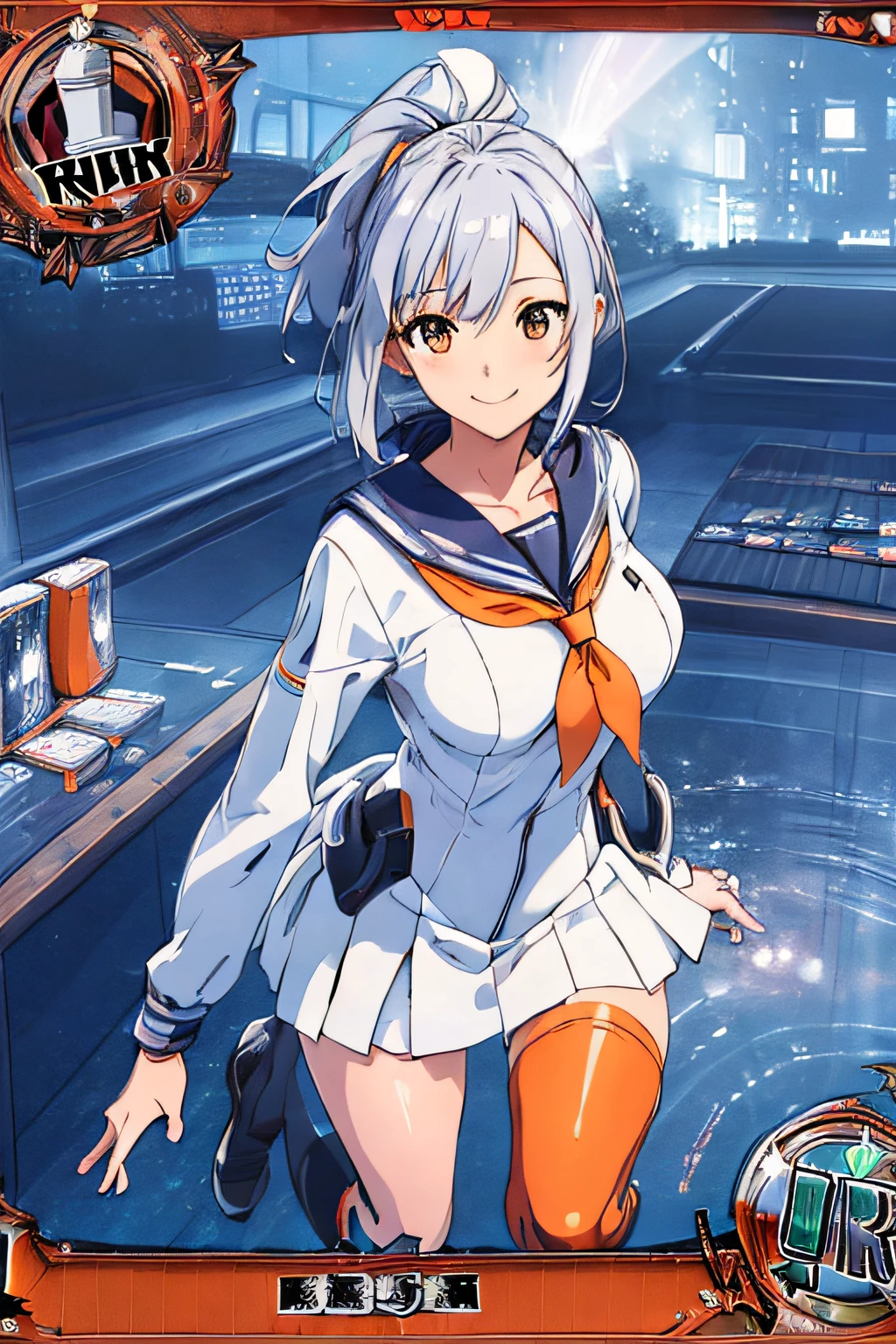 (Trading Card Game Frames:1.7),Cybernetic arm and glowing cyber girl,(Women's Uniforms,a sailor suit,White skirt,)Stand on a post-apocalyptic battlefield cityscape.Surrounded by a network of wires. Surrounded by a web of circuits. (Cyber Girl with Orange Glowing Sword:1.3), Shiny Silver Shorthair,disheveled ponytail,Cute smile,Perfect round face,Black eyes,A cheerful smile that makes the viewer happy,Proper body proportion,Intricate details,Very delicate and beautiful hair,photos realistic,Dreamy,Professional Lighting,realistic shadow,Solo Focus,Beautiful hands,Beautiful fingers,Detailed finger features,detailed clothes features,Detailed hair features,detailed facial features,top-quality,Ultra-high resolution output image,) ,(The 8k quality,),(Image Mode Ultra HD,),(Image Mode Ultra HD,),Science fiction fantasy