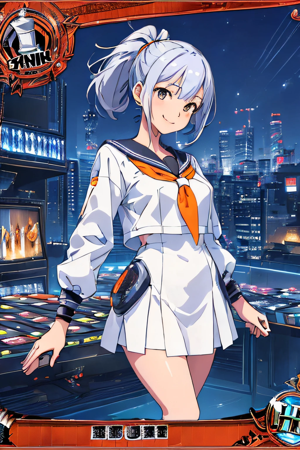(Trading Card Game Frames:1.7),Cybernetic arm and glowing cyber girl,(Women's Uniforms,a sailor suit,White skirt,)Stand on a post-apocalyptic battlefield cityscape.Surrounded by a network of wires. Surrounded by a web of circuits. (Cyber Girl with Orange Glowing Sword:1.3), Shiny Silver Shorthair,disheveled ponytail,Cute smile,Perfect round face,Black eyes,A cheerful smile that makes the viewer happy,Proper body proportion,Intricate details,Very delicate and beautiful hair,photos realistic,Dreamy,Professional Lighting,realistic shadow,Solo Focus,Beautiful hands,Beautiful fingers,Detailed finger features,detailed clothes features,Detailed hair features,detailed facial features,top-quality,Ultra-high resolution output image,) ,(The 8k quality,),(Image Mode Ultra HD,),(Image Mode Ultra HD,),Science fiction fantasy