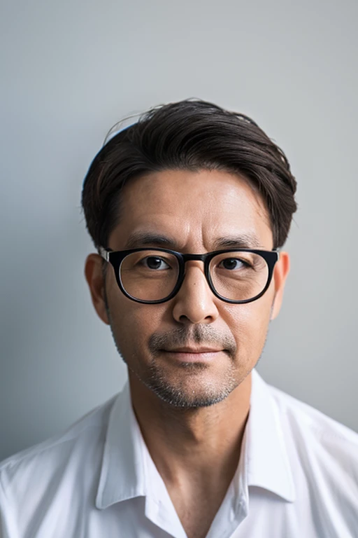 40 year old man wearing glasses,Background white,Buxom