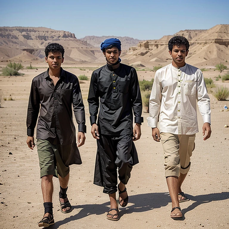 three young men aged 21 dressed walked from Yemen across the desert hills