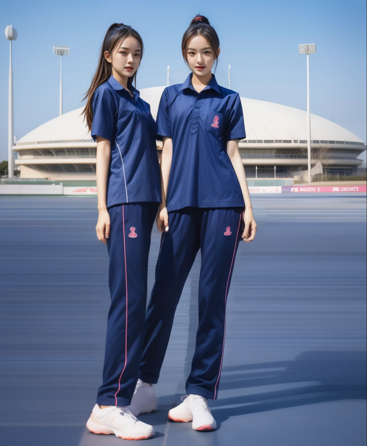 (bestquality,10,10,highres,masterpiece:1.2),ultra-detail,(Realistic,photorealistic portrait,photo-realistic:1.37),1 Cute girl in the football field,oily shiny skin,bara,light smile,BDclothelue shirt:1.3)),short sleeves,shirt, trousers.,(navy_long_Pants Track:1.1), ((Stadium Background:1.3)),dynamic angle,excited,face focus,Dynamic Poses,from behide,Ass Focus,masterpiece, bestquality, ultra realistic, hyper-detail, 8k resolution, RAW photo, crisp focus, ((Navy blue shirt:1.1)), short sleeves, Long Path, Perfect body, 2 mature women, 18yo, cinematic light,Blue sweatpants,Gymware,Correct anatomy,Complete body, Correct body, sharp face, Anatomically correct body, full entire body, Realistic gestures, long-haired, Realistic poses,Wear long shorts..................................,Long leg span,Shapely,Sculpting Girl, Slender Figure, mannequin mannequins, Shapely, Beautiful body,Blue sweatpants, Two girls kissing